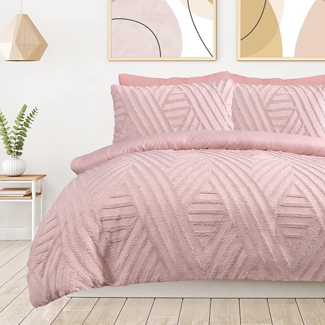 Sleepdown Geometric Textured Tufted Diamond Blush Pink Duvet Cover Quilt Pillow Cases Bedding Set Soft Easy Care - King (230cm x 220cm)