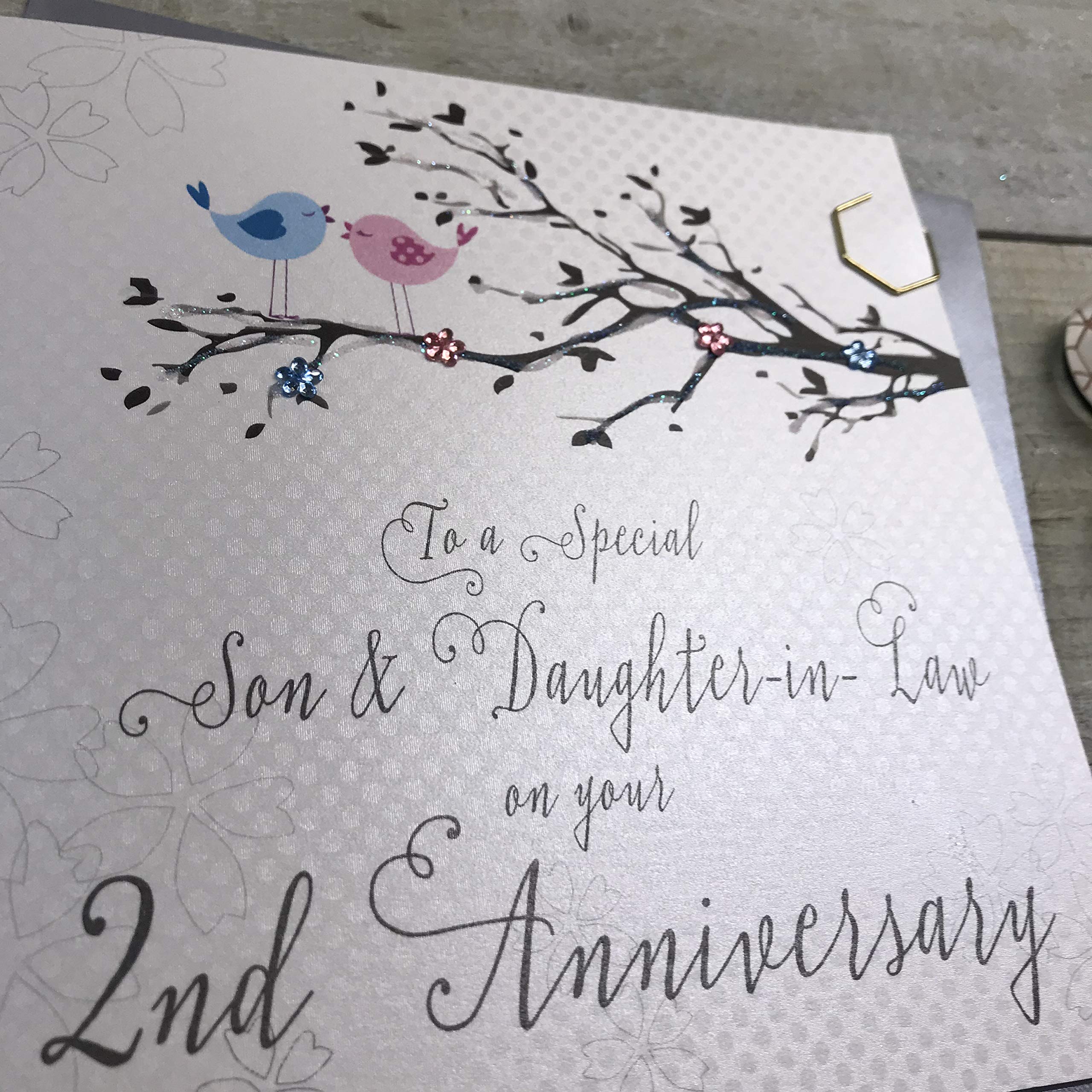 White Cotton Cards Son & Daughter-in-Law 2nd Wedding Anniversary Card Second Cotton Birds and Tree branch PD192-2,16cm x 16cm - Image 2