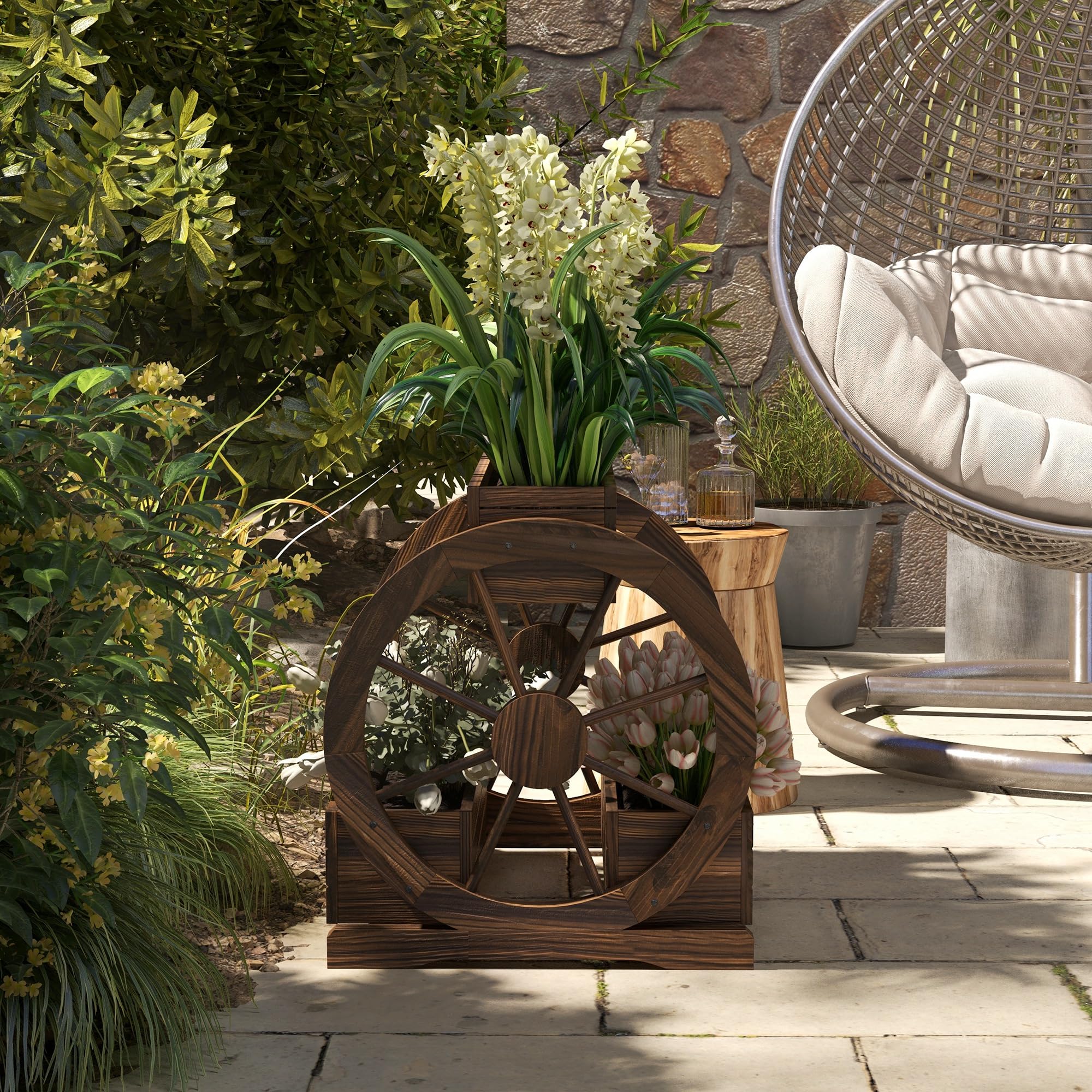 Outsunny Orto Rialzato da Esterno 2 Livelli 3 Vasi Ruote 64x54x60 cm | In Legno, Stile Country, per Fiori Erbe Aromatiche Verdure, Giardino Balcone e Terrazza