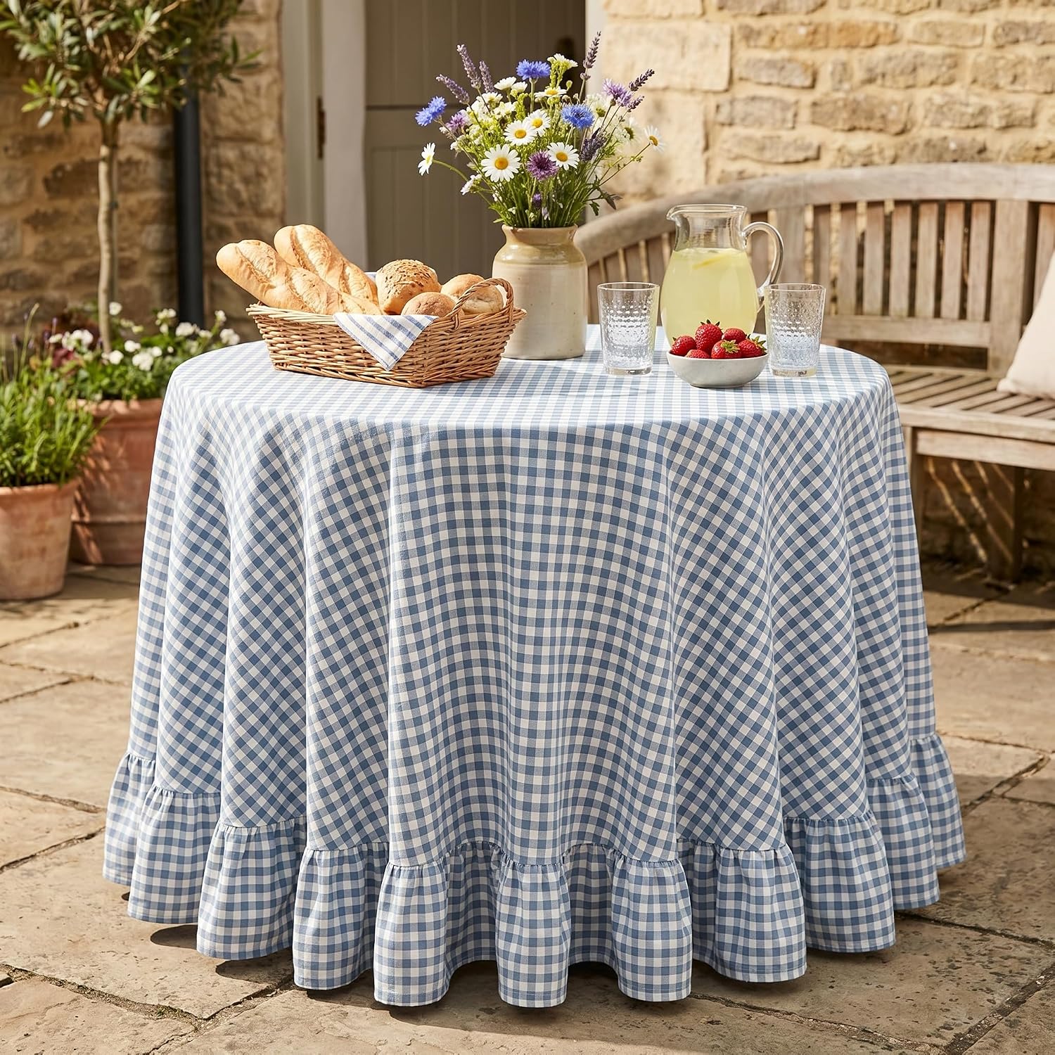 PartyDelight Gingham Ruffled Tablecloth Round Blue/White Dia.70 in Plaid Checkered 100% Washed Cotton Circular Table Cover for Farmhouse Kitchen Cute Cottagecore Birthday Party Decor