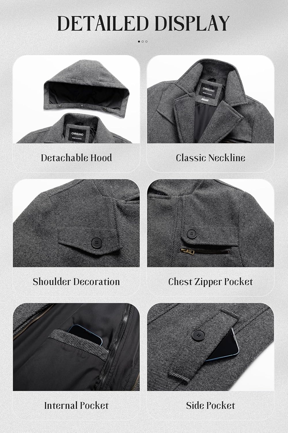 Chrisuno Men's Classic Long Pea Coat Warm Wool Blend Winter Trench Coat Single Breasted Overcoat with Detachable Collar - Image 7