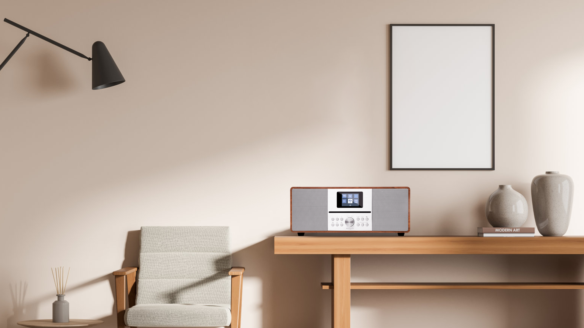 Chaîne HiFi MangoKit MS4 - Radio DAB+/FM, Lecteur CD, Bluetooth, Haut-parleurs Bois - Noyer
