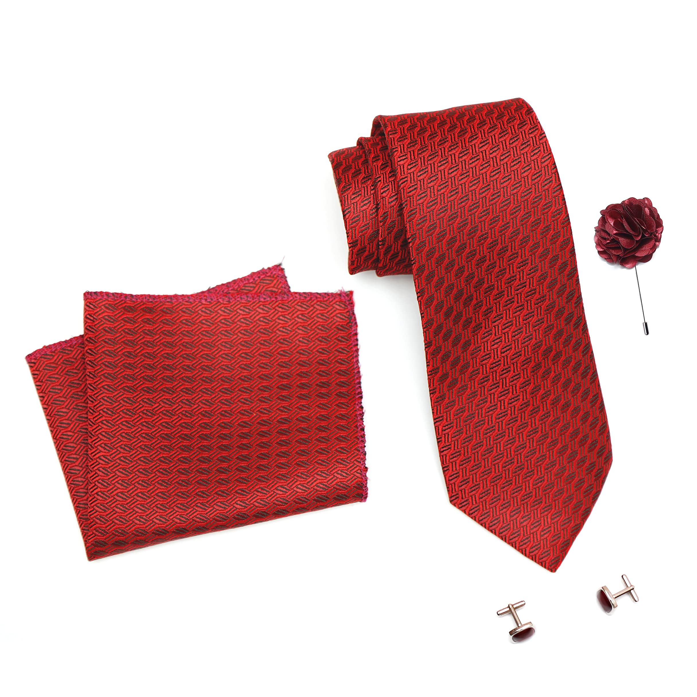 RIZORO Tie for Men – Dotted Silk Neck Ties Set with Cufflinks Flower Pin, Pocket Square & Black Gift Box, Combo Necktie Sets for Office Wear, Formal Suits & Weddings (Maroon, A12MRRX) 3