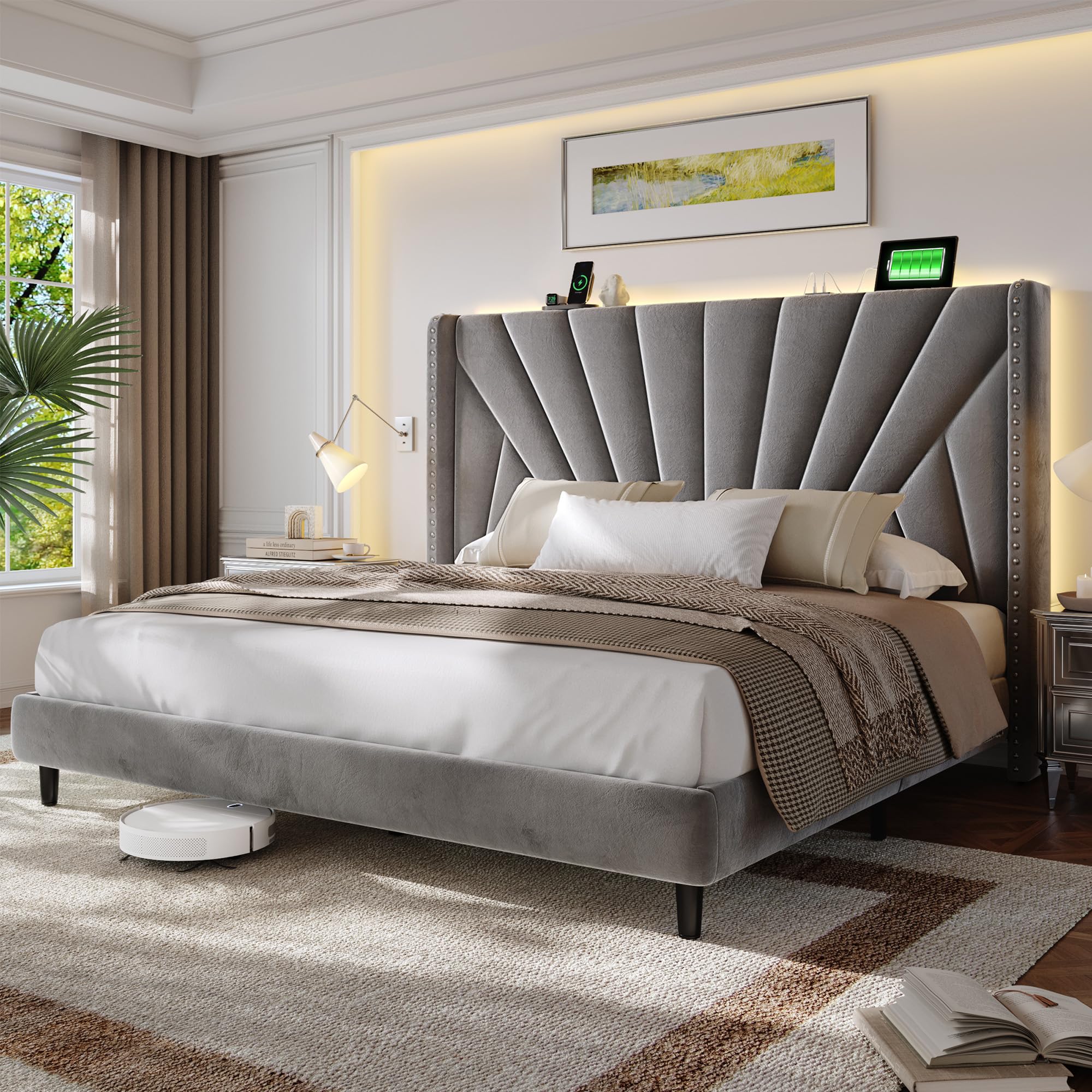 EnHomee King Size Bed Frame with 51 Tall Headboard Wingback Velvet Upholstered Platform Bed with Charging Station LED