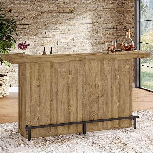 Tribesigns 4-Tier Bar Table, 70.9-Inch Large Wooden Home Bar Unit with Wine Glass Holder and Black Footrest, Pub Table with Storage Shelves for Basement, Dining Room, Living Room, Light Brown