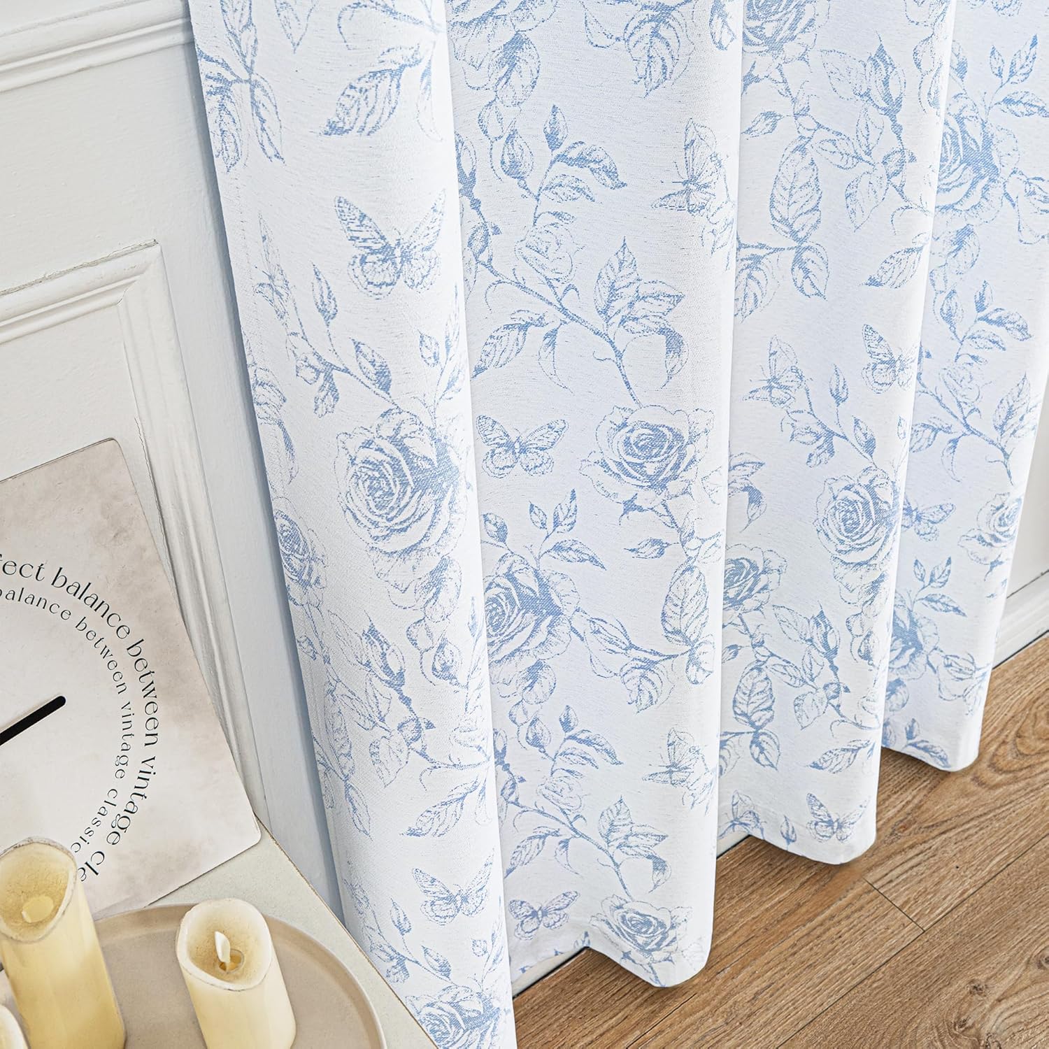 FMFUNCTEX Blue Floral Jacquard Curtains for Bedroom, Rose Flower Patterned Curtains 84 Inches Long Light Filtering Drapes for Living Room, Double Sided Design Drapes Grommet Top 2 Panles - Image 6