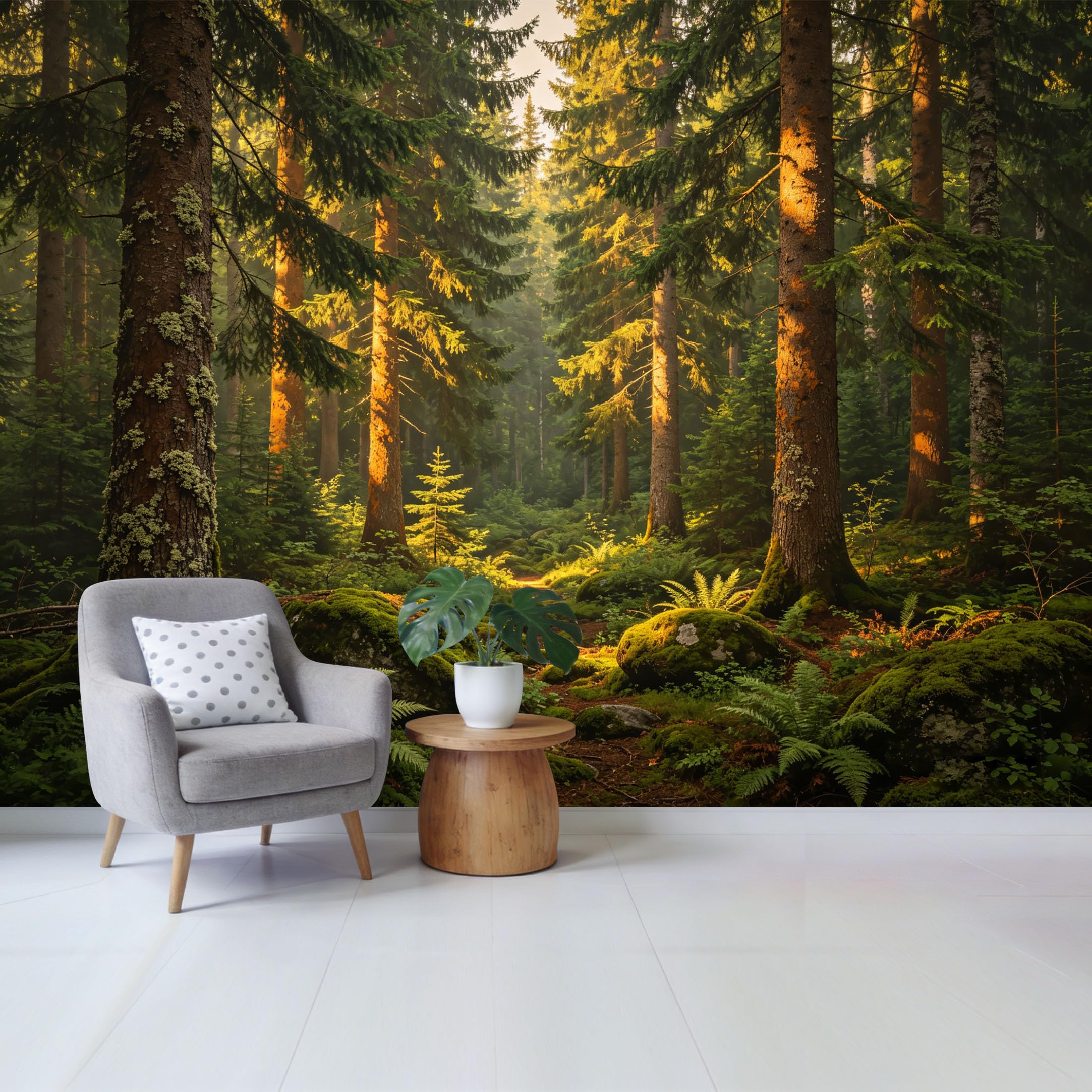 Custom Size Wall Mural Misty Morning Sunlight Pine Forest Ferns Mossy Rocks Landscape SelfAdhesive Wall Fabric Removable Wallpaper for Home Office Decor