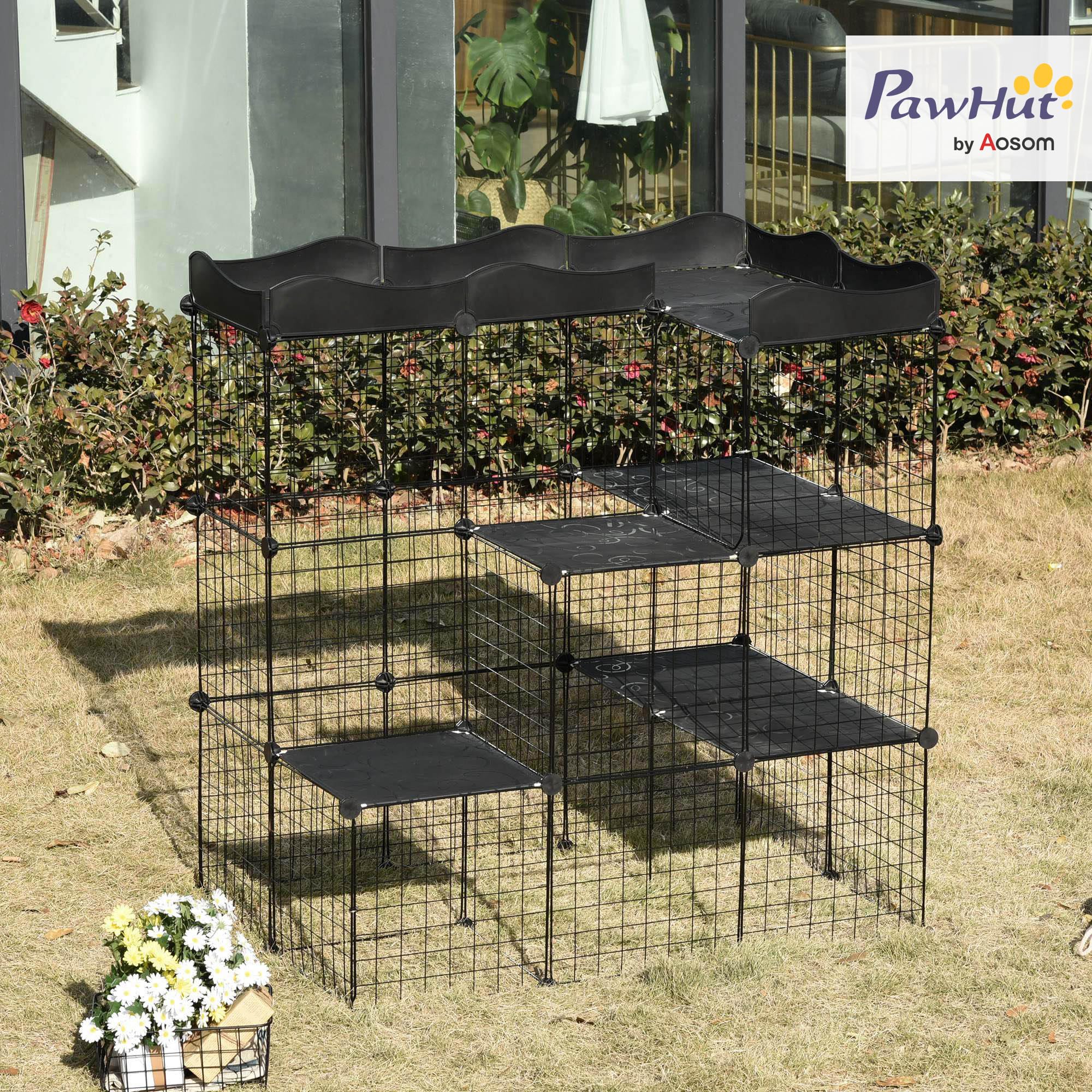PawHut Jaula para Animales Pequeños 40 Paneles DIY 105x70x116 cm Negro | Parque para Mascotas, Valla Metálica, para Conejos Cobayas Gatito