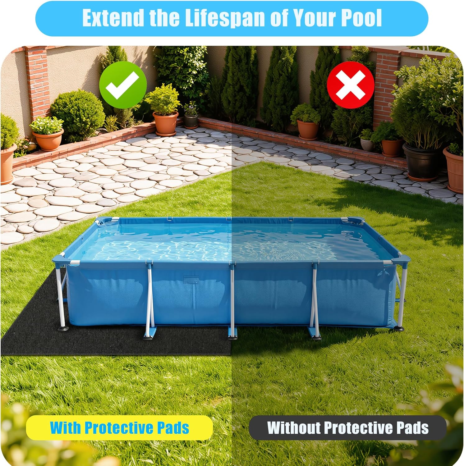 11x7.5ft Rectangular Pool Liner Pad, 280g/㎡ Extra Thick Heavy Duty Above Ground Swimming Pool Ground Mat Protector, Prevent Punctures and Extend Liner Life