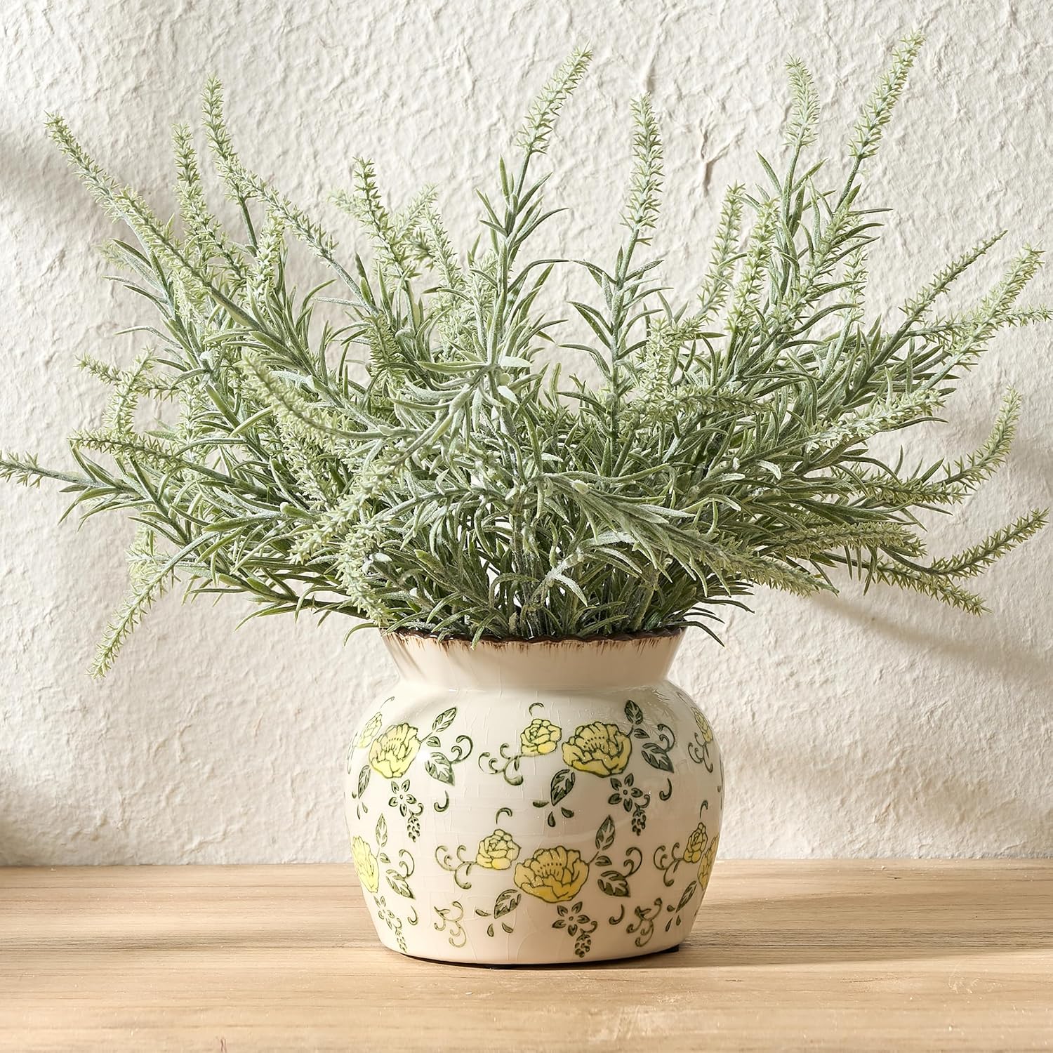 SIDUCAL Ceramic Yellow Rose Floral Vase with Wide Mouth Lace, 4.84 Inch Cracked Chinoiserie Rustic Farmhouse Vases, Pastoral Retro Vase for Home Decor, Table, Living Room, Bathroom, Shelf, Wedding