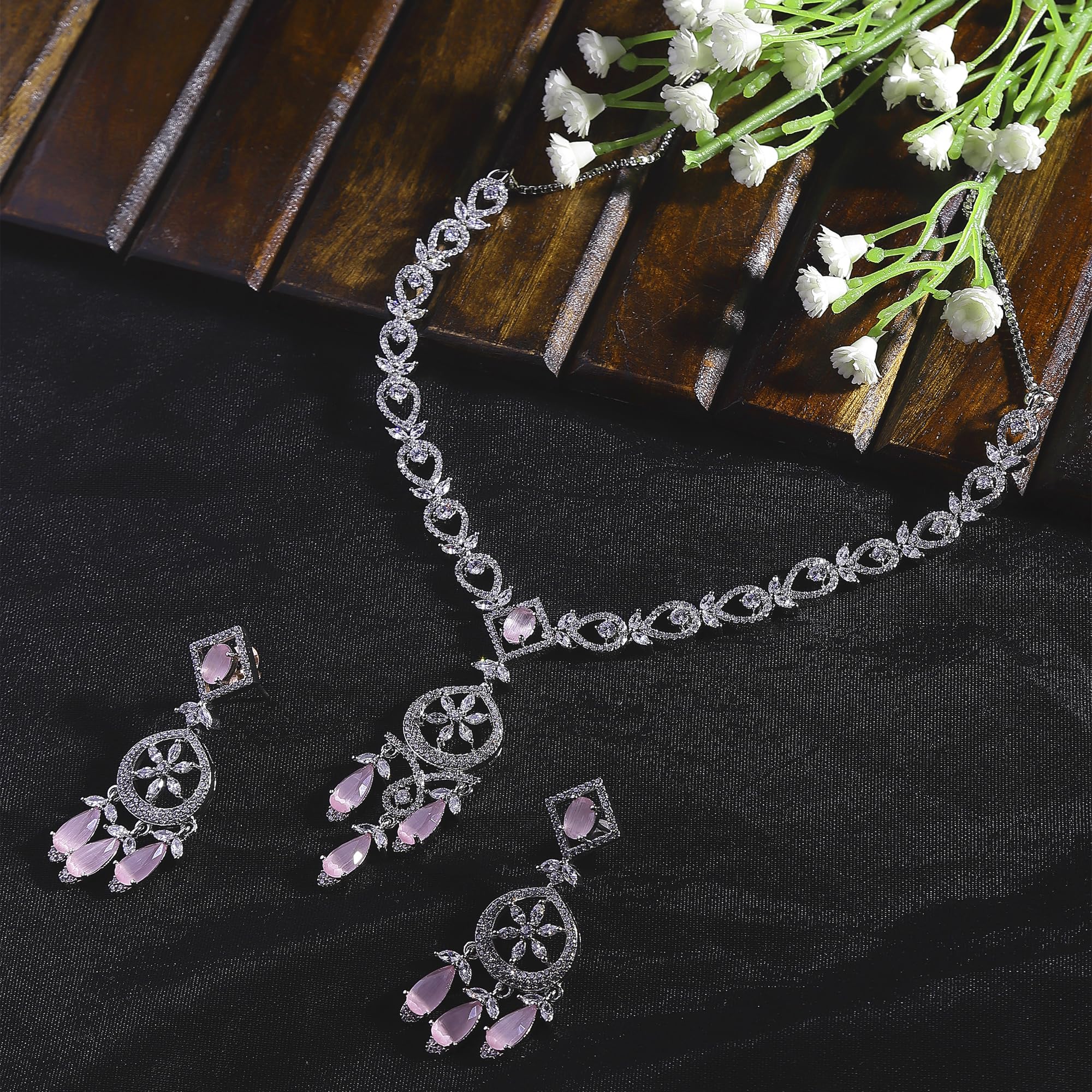 Rhodium-Plated Teardrops American Diamonds Necklace Set