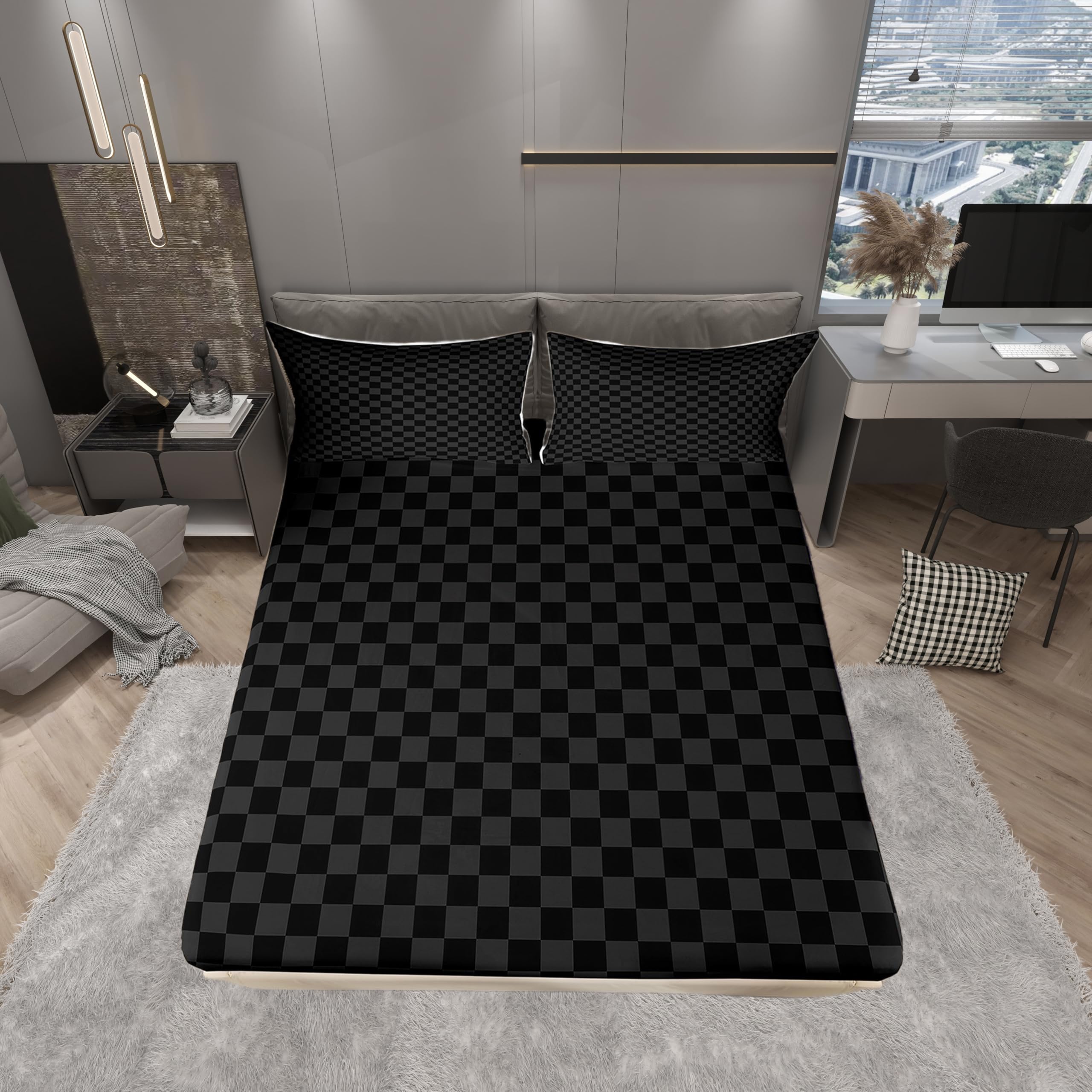Parure de lit à carreaux Manfei anti-plis avec drap-housse élastique facile à border