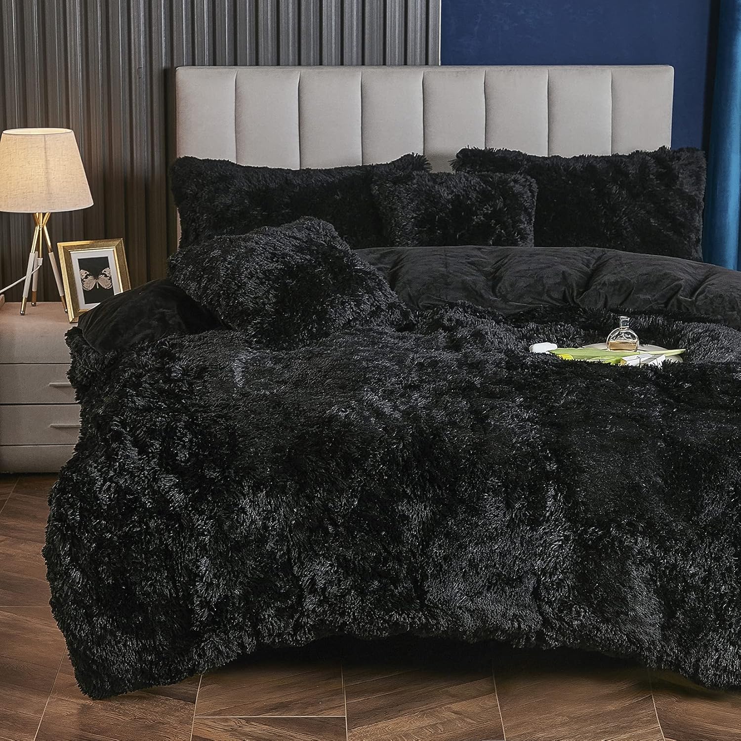 Yaoshuho Plush Fluffy Duvet Cover Queen Size Luxury Ultra Soft Shaggy Duvet Cover Set Faux Fur Comforter Bedding Set(1 Duvet Cover + 2 Pillow Shams), Black