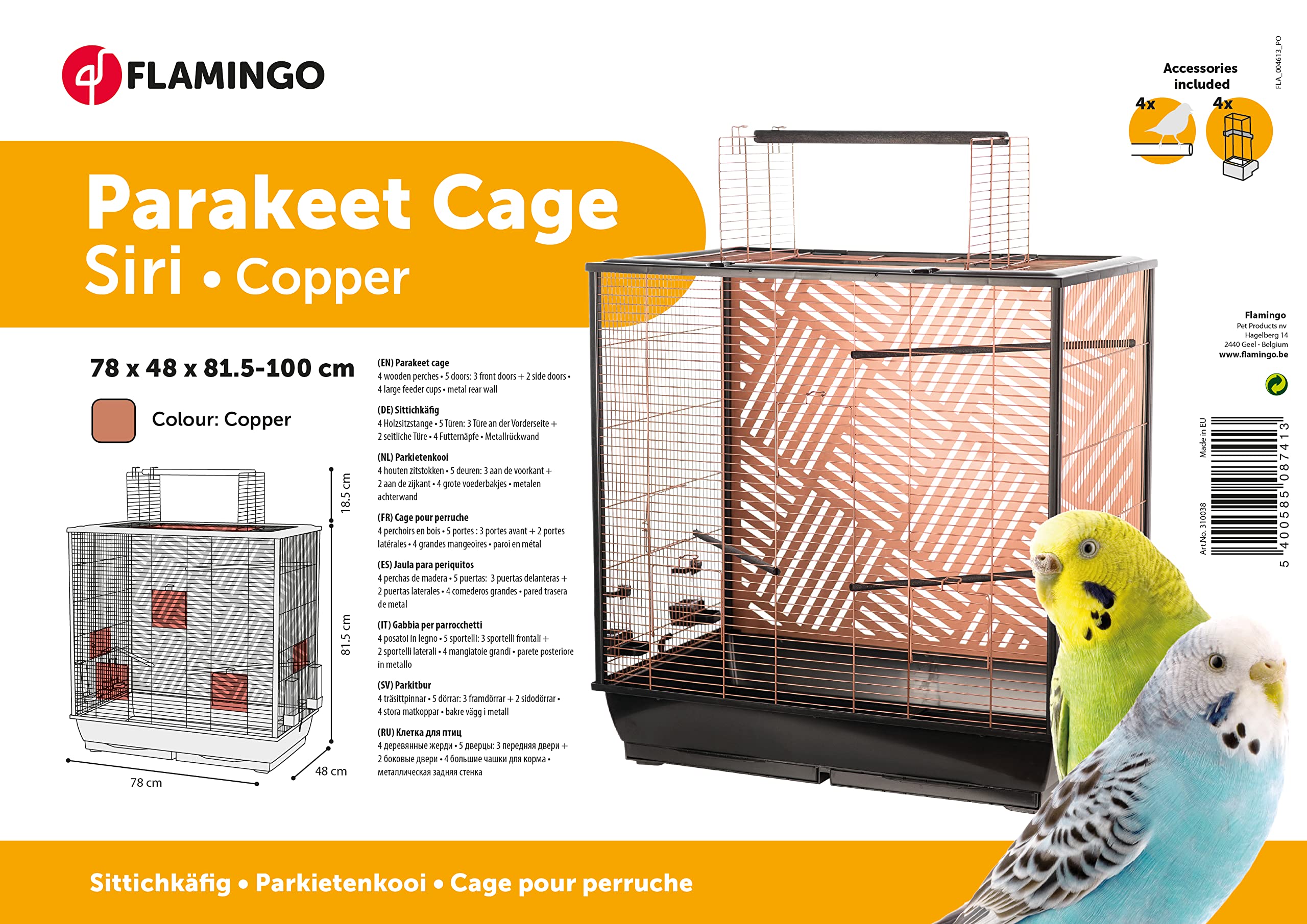 Flamingo Vogelkäfig – Voliere Vögel – Sittichkäfig Siri Kupfer – 78×48×100 cm – 4 Sitzstangen & 4 Näpfe, 5 Klappen + Dachöffnung, Doppel-Schubladen, Deko-Rückwand