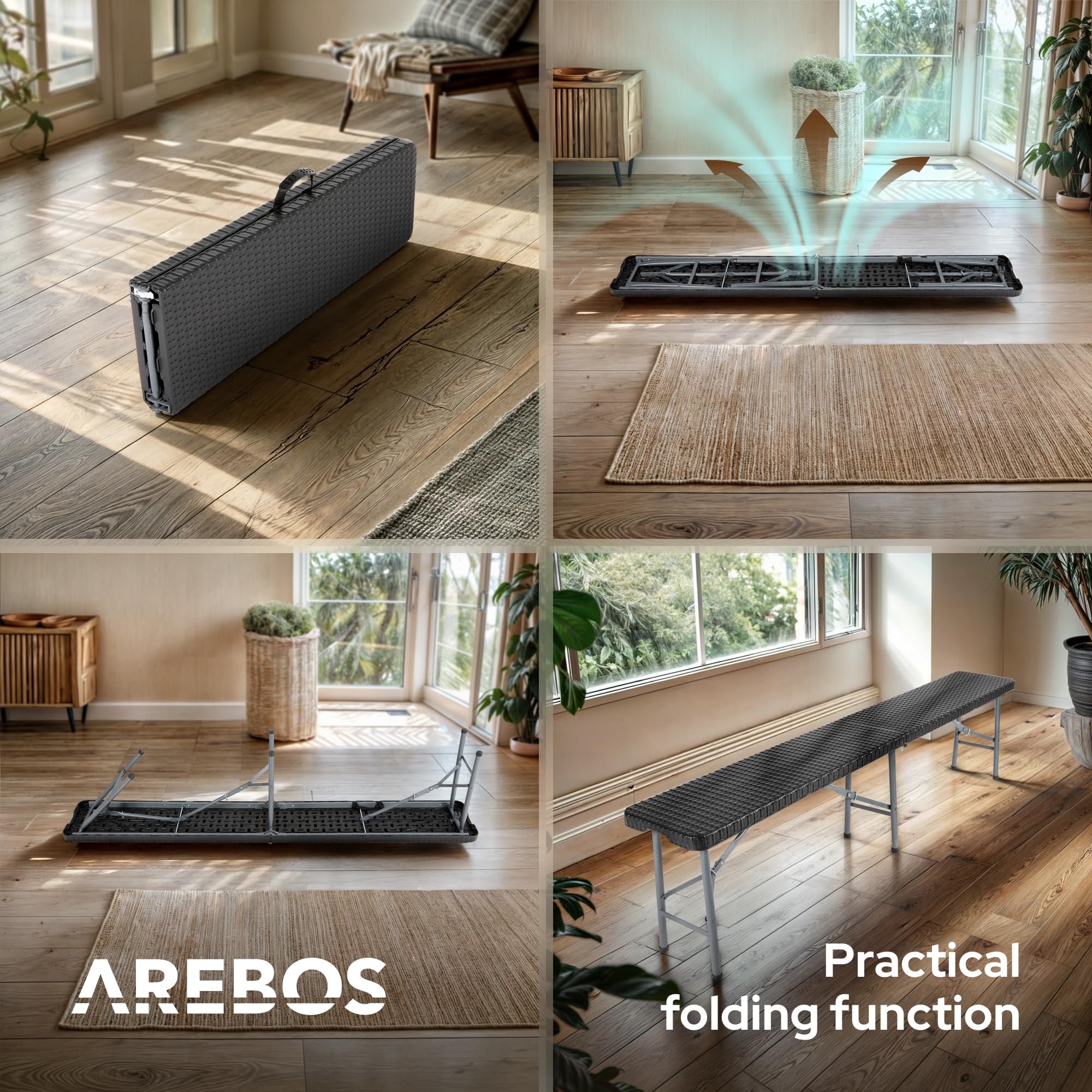 Arebos 2 panchine pieghevoli da birra, con maniglia per il trasporto, 183 x 28 x 43 cm, pieghevole, da campeggio, da giardino, da giardino, da giardino, da 2 pezzi, colore nero