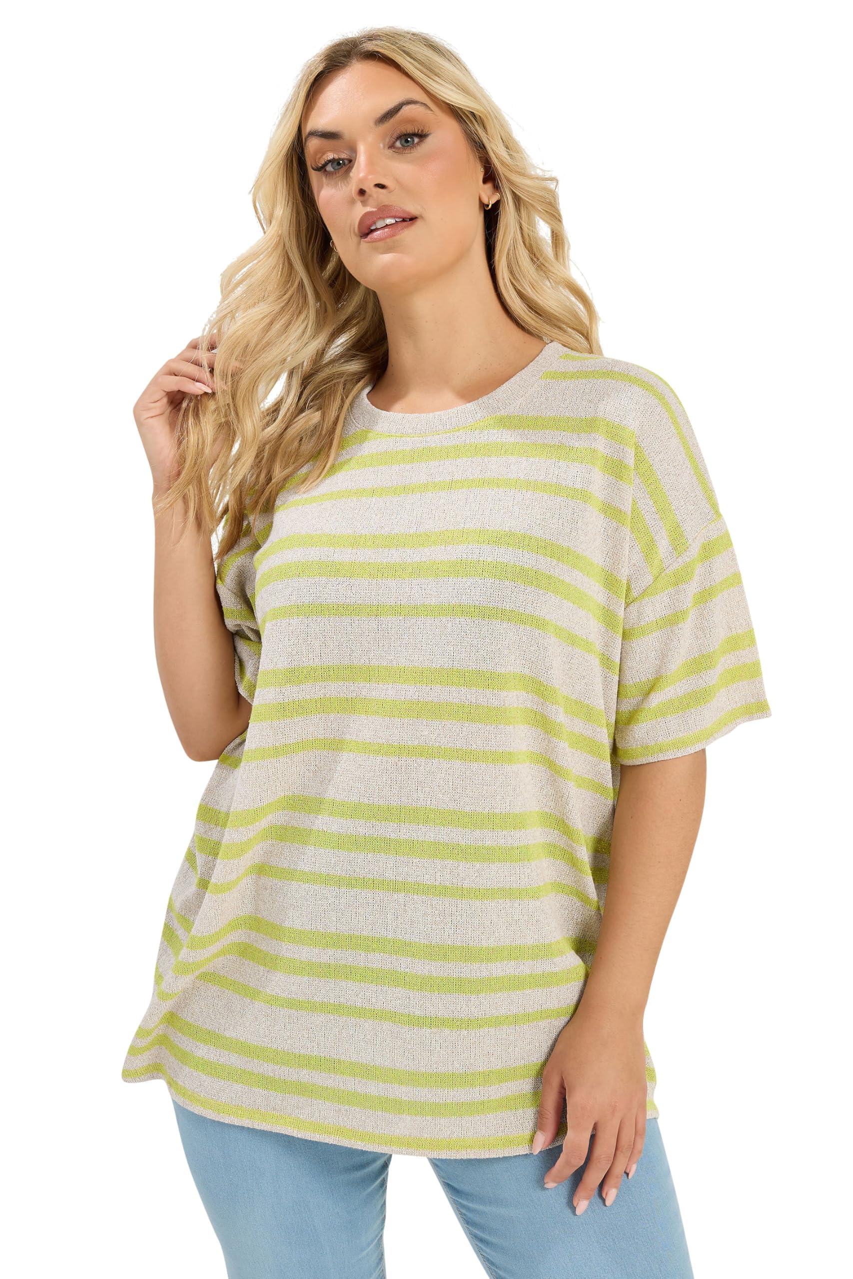 Yours Women's Light Green Curve Green Striped Knitted Boxy T-Shirt - Plus Size Curve