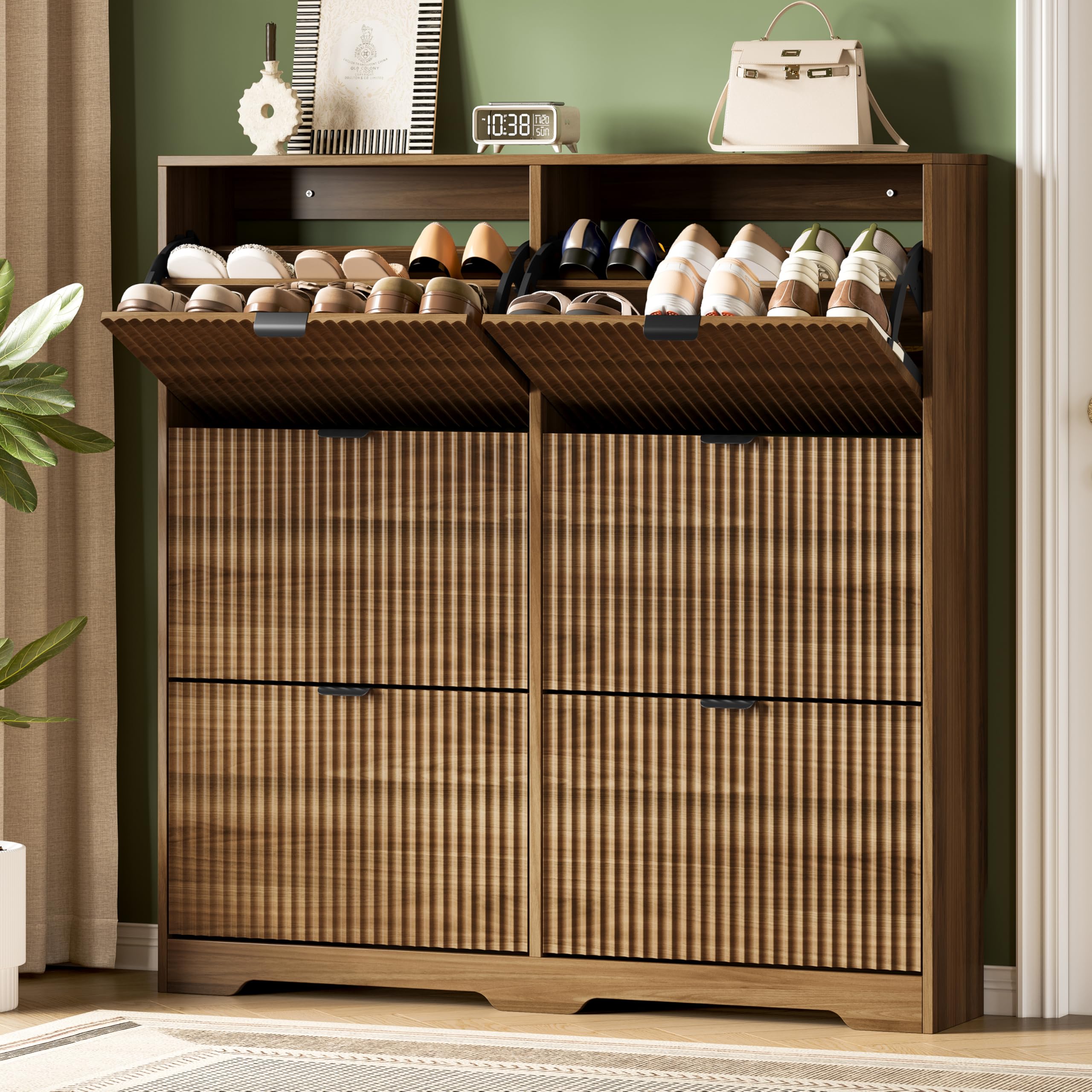 Xixini Shoe Storage Cabinet for Entryway with 6 Flip Drawers, Narrow Slim Wood Shoe Organizer with Modern Fluted Panel, Freestanding Hidden Shoe Rack for Front Door Entrance, Hallway, Foyer, Walnut