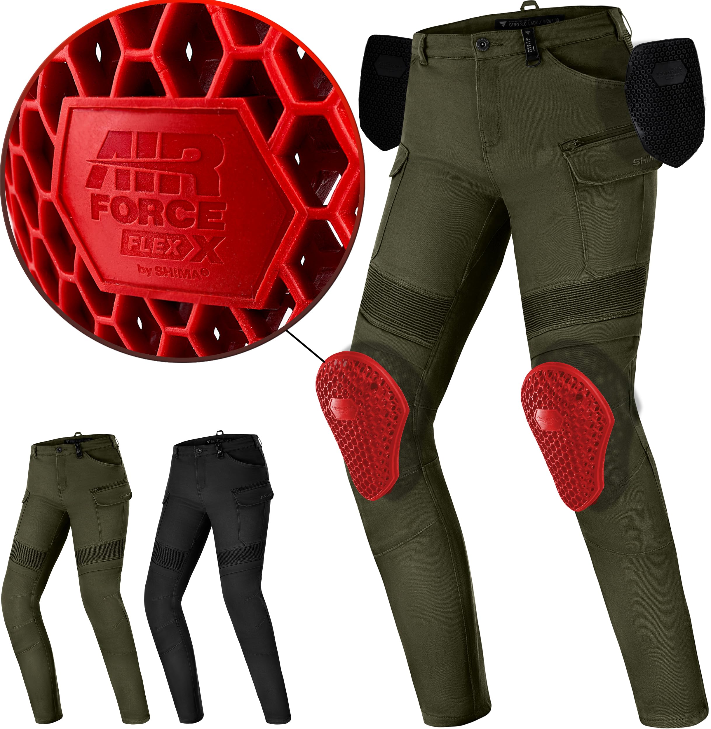 SHIMA GIRO Motorcycle Trousers for Women AIRFORCE Knee Protectors Motorbike Mens Armoured Cargo Lightweight Protective Pants Stretch Reinforced Armored Bike Elastic Ventilated (Womens, Khaki, 30/30)
