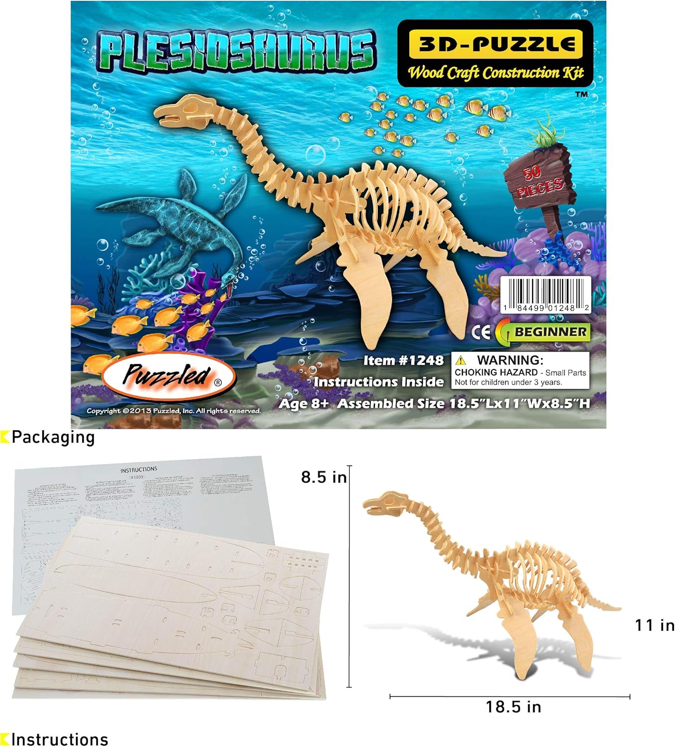 Puzzled 3D Puzzle Plesiosaurus Dinosaur Wood Craft Construction Model Kit Fun, Educational DIY Wooden Dino Toy Assemble Model Unfinished Craft Hobby Puzzle to Build & Paint for Decoration 50pcs Pack
