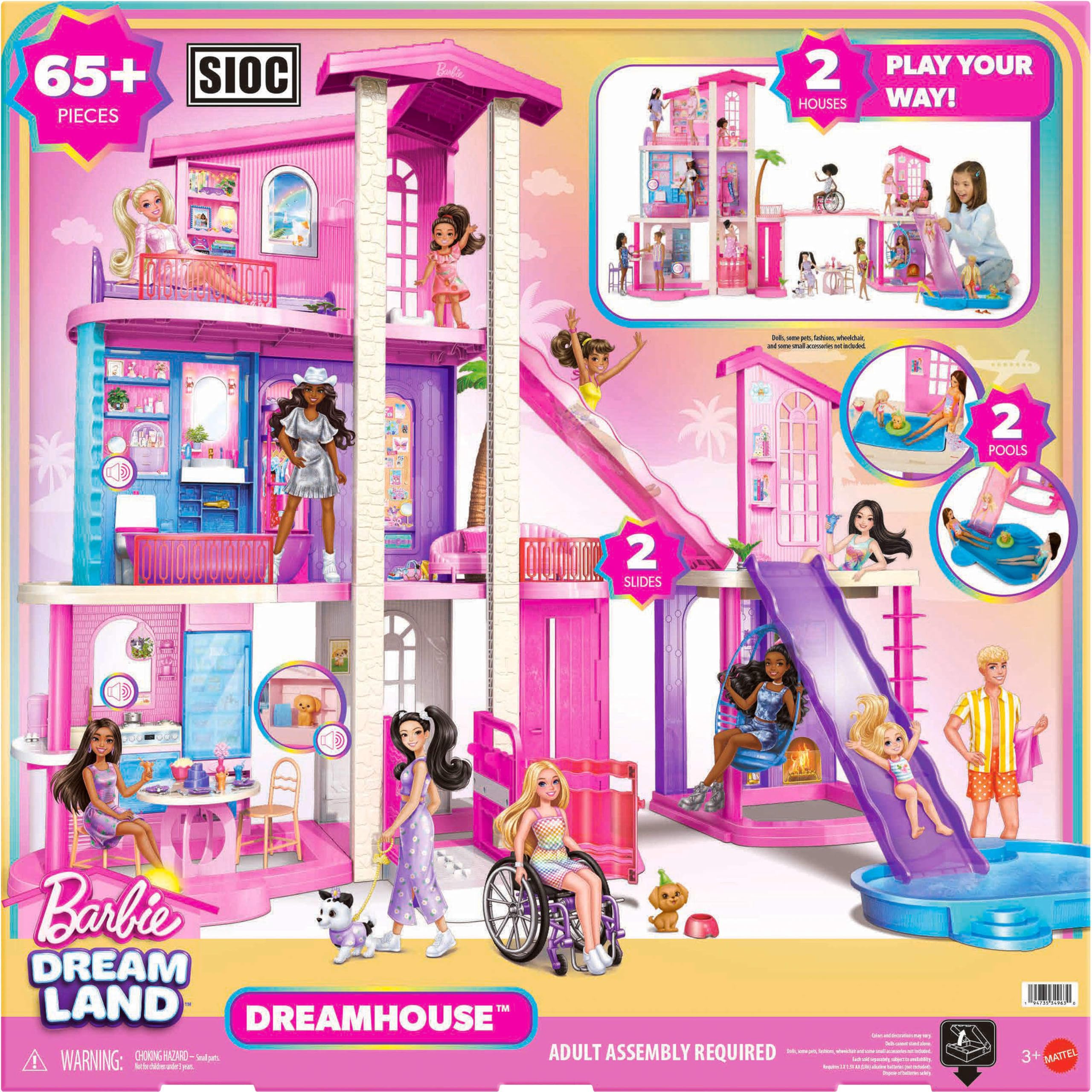 Barbie Dreamhouse Domek dla lalek | 2 baseny, 2 zjeżdżalnie, winda, 9 stref zabawy, 2 domy, 65+ elementów z meblami i akcesoriami, JKG84
