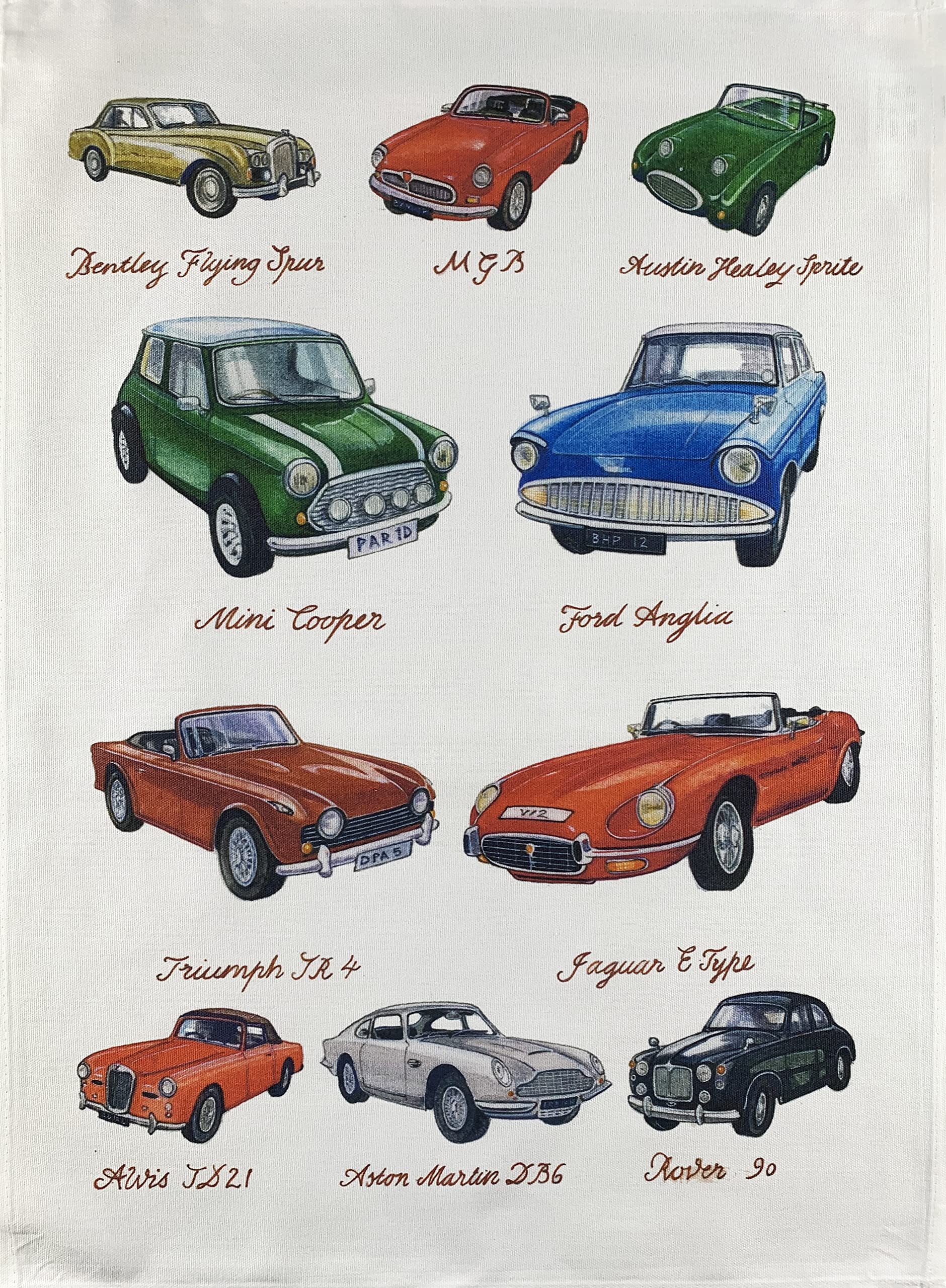 Half a Donkey Hand Drawn British Classic Cars Large Cotton Tea Towel