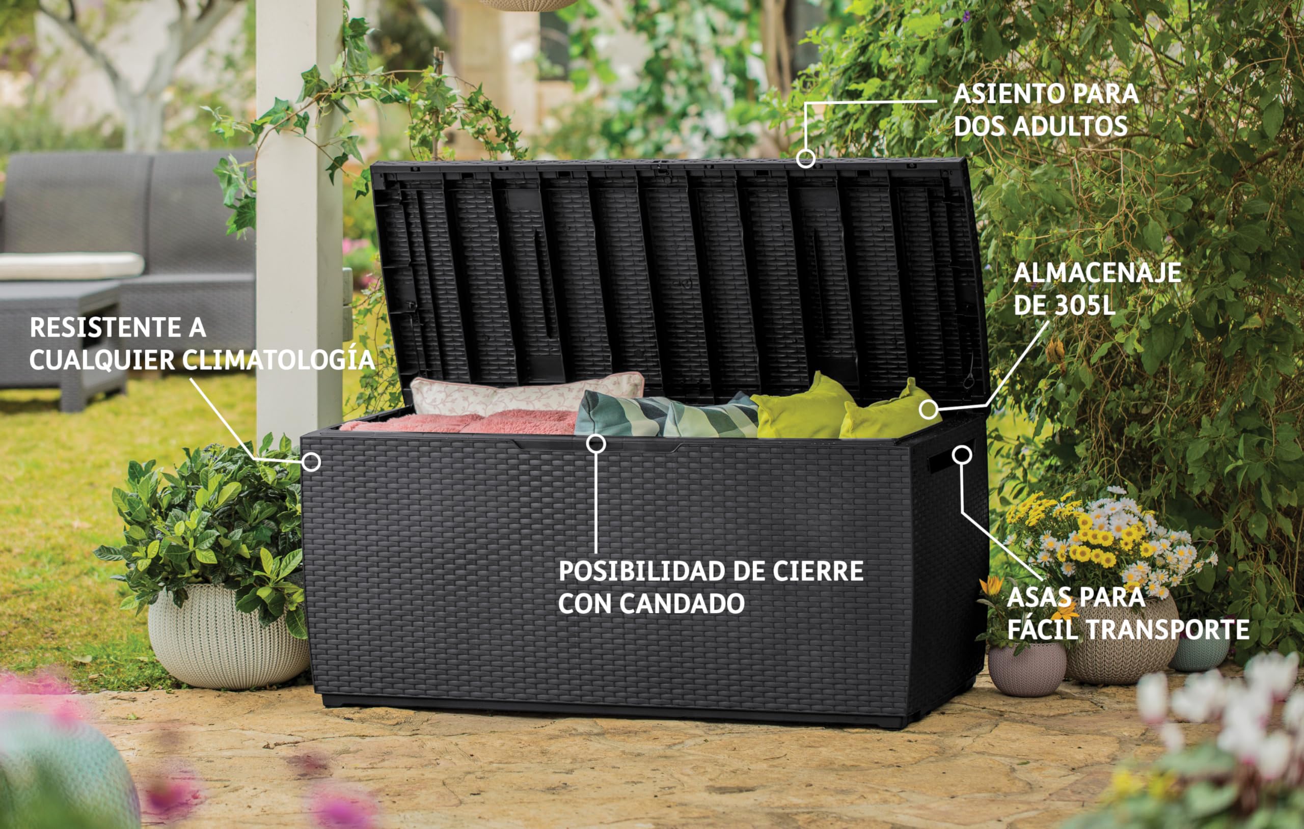 Keter Capri - Arcón exterior, Baúl almacenaje, Capacidad 305L, Resina, Color marrón & City Box - Arcón exterior, Baúl almacenaje, Capacidad 113L, Resina, Color Gris