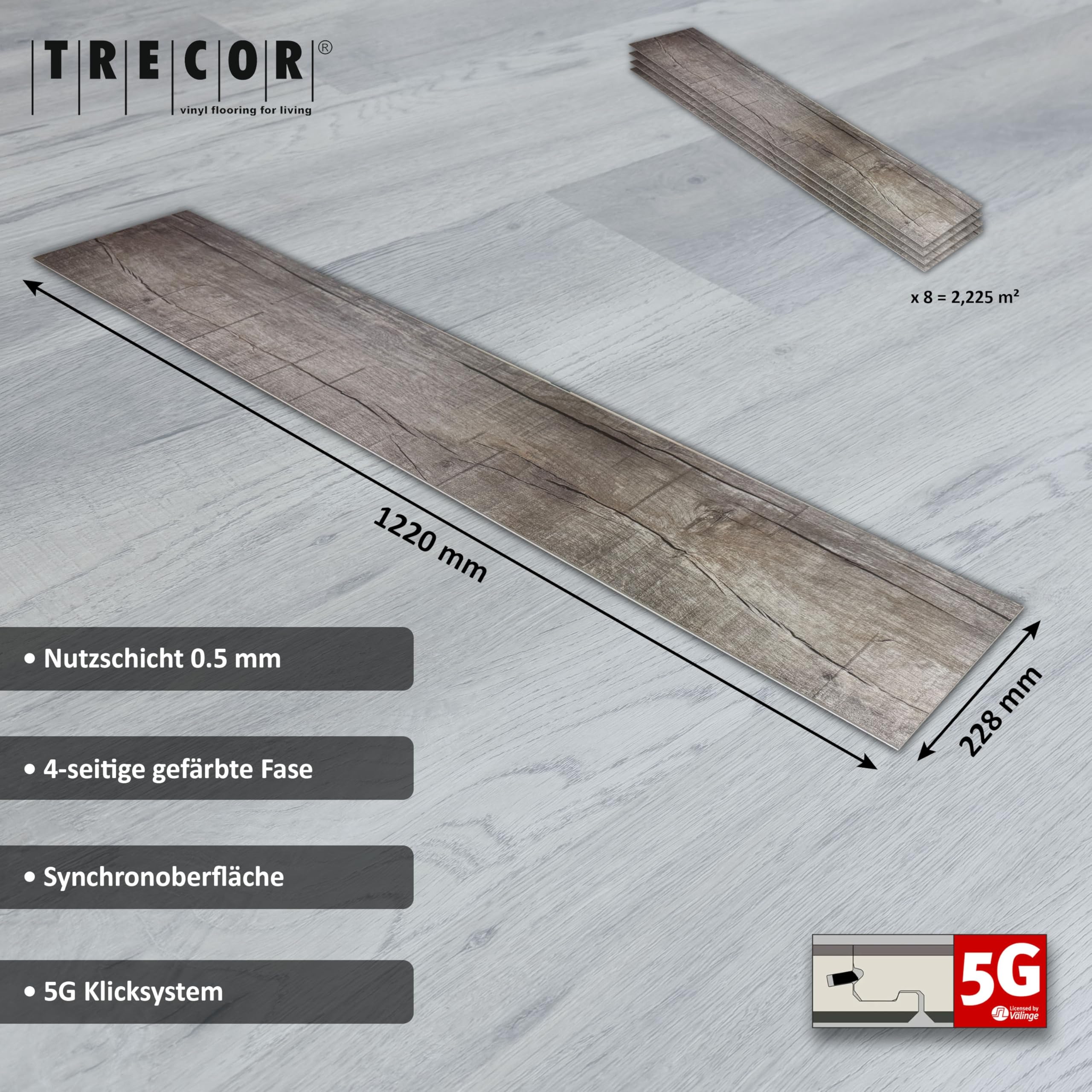 TRECOR Winylowe/LVT Klik designerska podłoga winylowa masywna 6,5 mm grubości z 0,5 mm warstwą użytkową z odgłosem kroków – wodoodporna – kupujesz 1 m² (podłoga winylowa | 1 m², dąb stary rustykalny Dark)