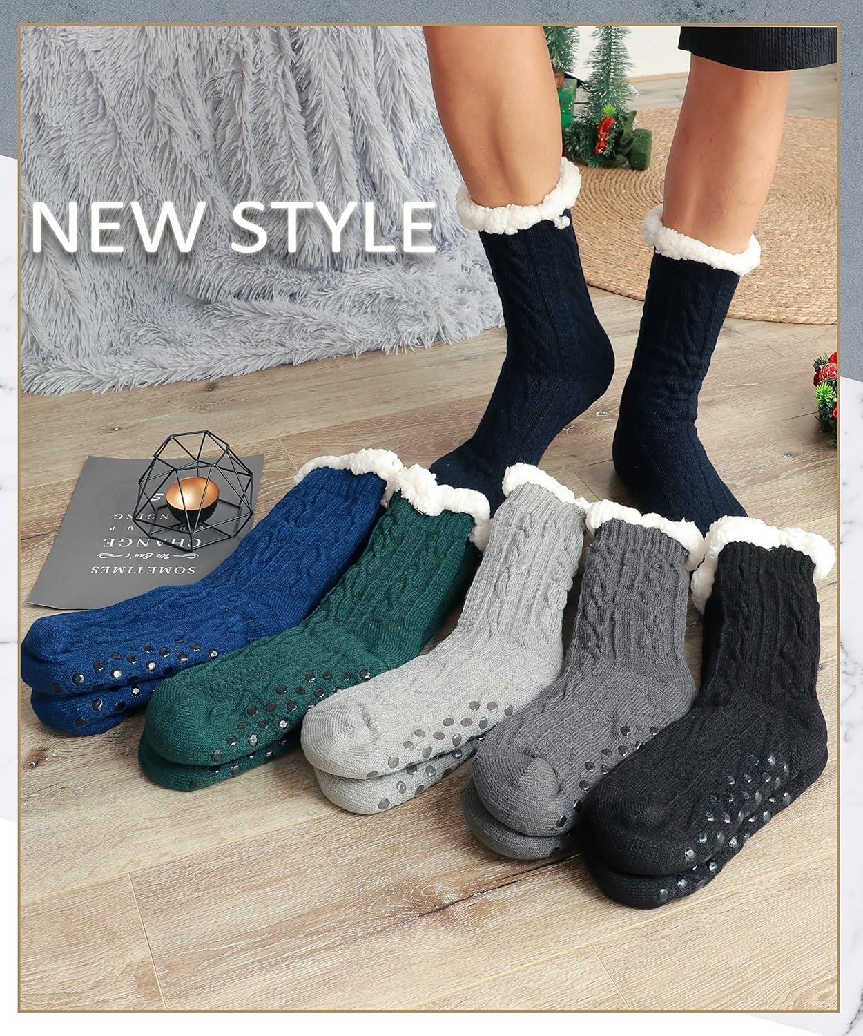 EBMORE Mens Slipper Fuzzy Socks Winter Cozy Fluffy Cabin Warm Fleece Soft Comfy Thick Non Slip Home Socks - Image 2