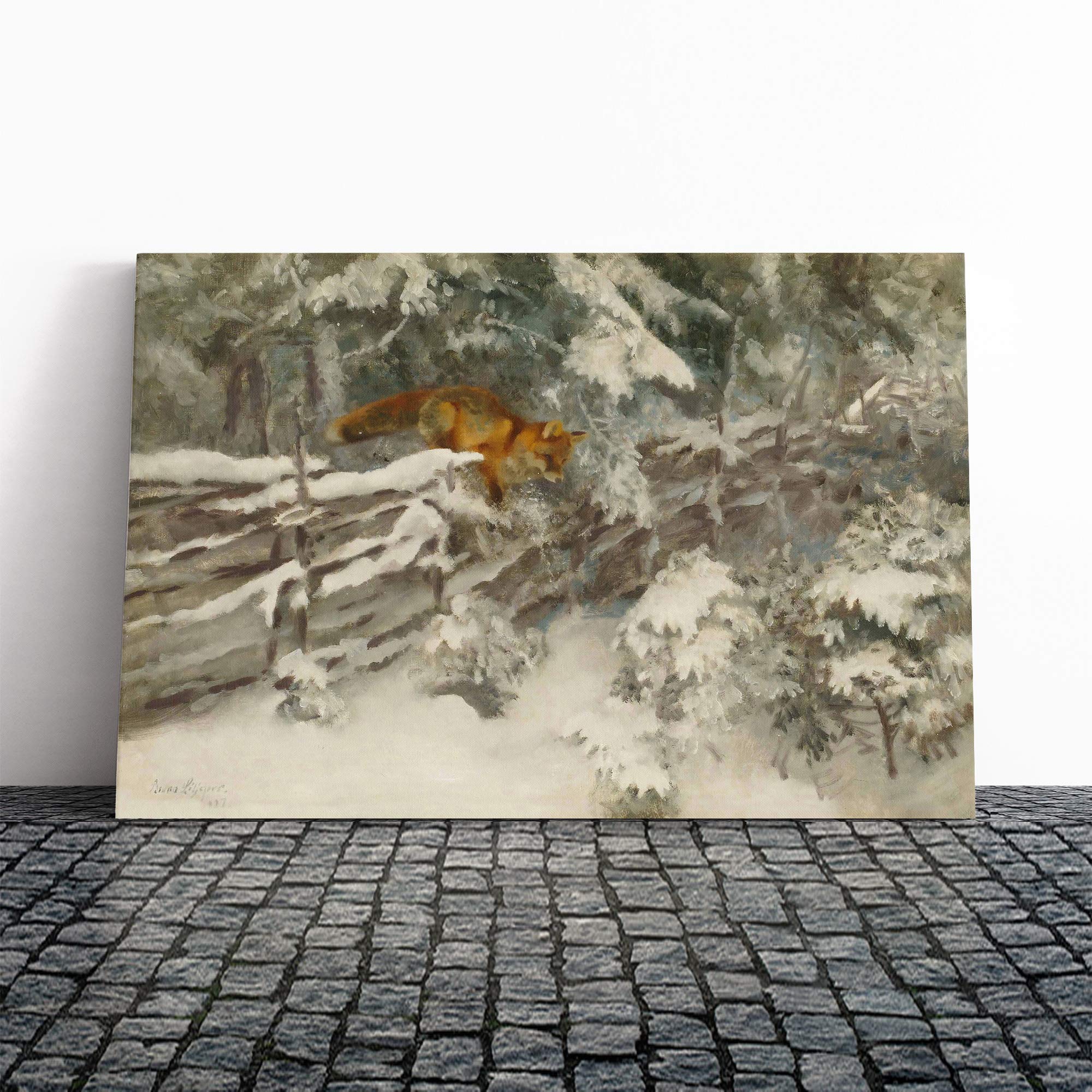 Bruno Liljefors Fox in The Snow Canvas Print | Gallery Wrapped 30mm Frame Wall Art | 20x14 inches | Ready to Hang | Modern Animals Picture | Living Room Bedroom Lounge Office