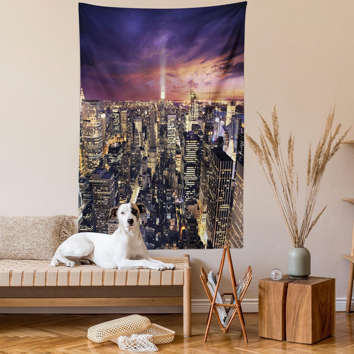 Ambesonne NYC Tapestry, Manhattan Offices High Tower Traffic Busy Urban Life Windows District View Quartz Toned Night Time Print, Wall Hanging for Bedroom Living Room Dorm, 60" X 80", Yellow Purple