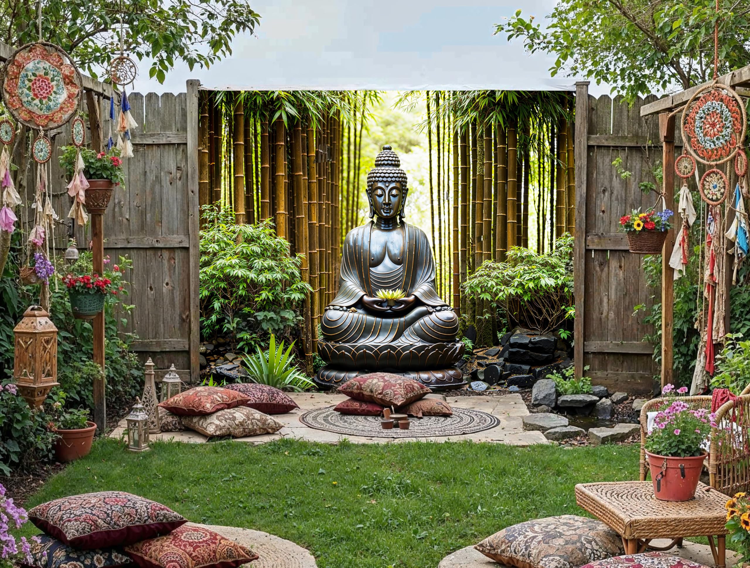 Sabrikas Let Your Creative Spirit Run Free Green With Vibrant Colours Peaceful Buddha Bamboo Garden Mural, Tapestry & Curtain Waterproof Outdoor Wall Hanging, Zen Meditation Wall Art & Tranquil Fence Decor W94.49 Inches X H70.87 Inches