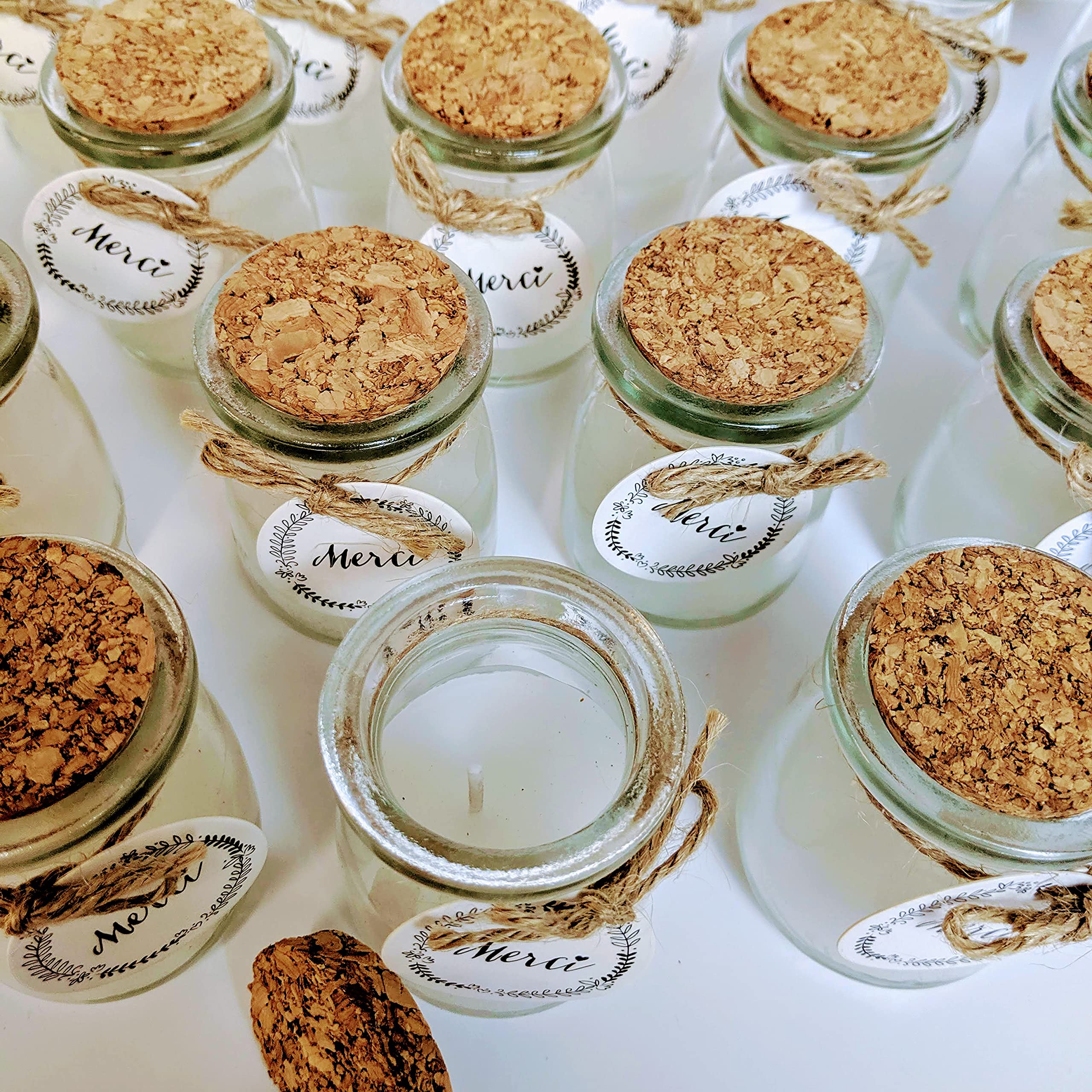 Candele profumate - Lotto da 24 pezzi di candele MERCI - Cera di soia naturale | Piccolo regalo per invitati a matrimoni, battesimi, compleanni, candela di Natale, regalo per tate - Alternativa alle