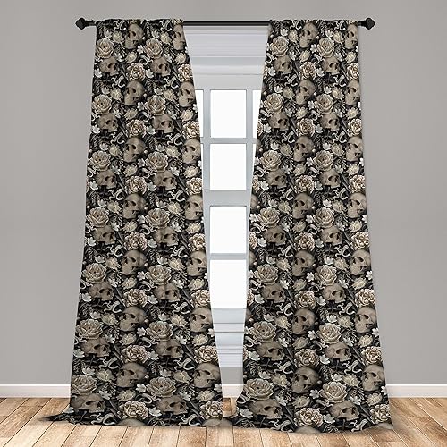 Miniatura 4 de Ambesonne Gothic Curtains, Vintage Baroque Floral Skulls with Garden Flowers Flourishing Leaves, Window Treatments 2 Panel Set for Living Room