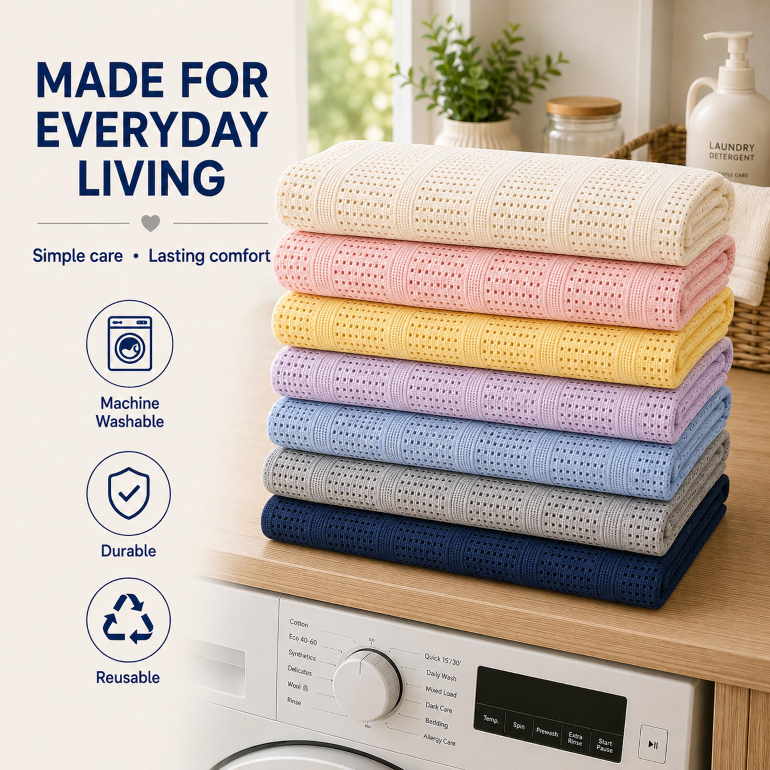 Family Bedding Niebieski koc komórkowy w rozmiarze king size, dla dorosłych, bawełna, duży koc na łóżko, dwustronny, lekki, termiczny, miękki, tradycyjny koc komórkowy (230 x 260 cm)