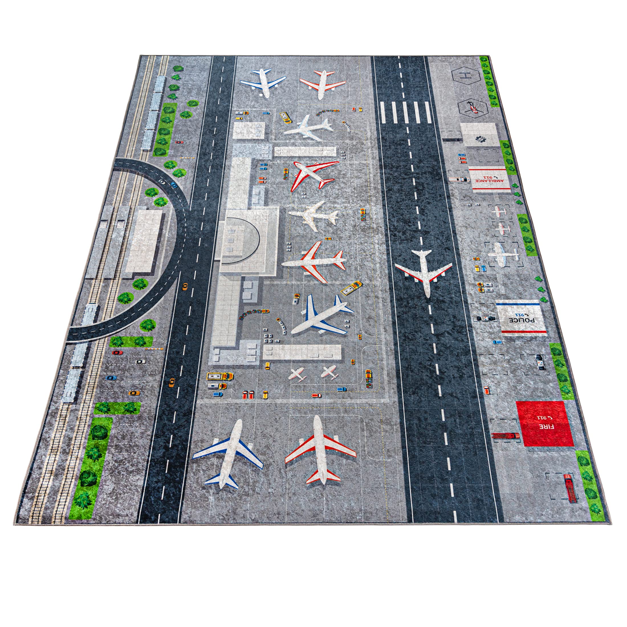 Mazovia Kinderzimmerteppich Antirutsch - Waschbar bis 30 Grad - Spielteppich Flugzeuge Flughafen - Kurzflor Kinderteppich für Kinderzimmer - ÖKO-TEX Zertifiziert - Grau 120 x 170 cm
