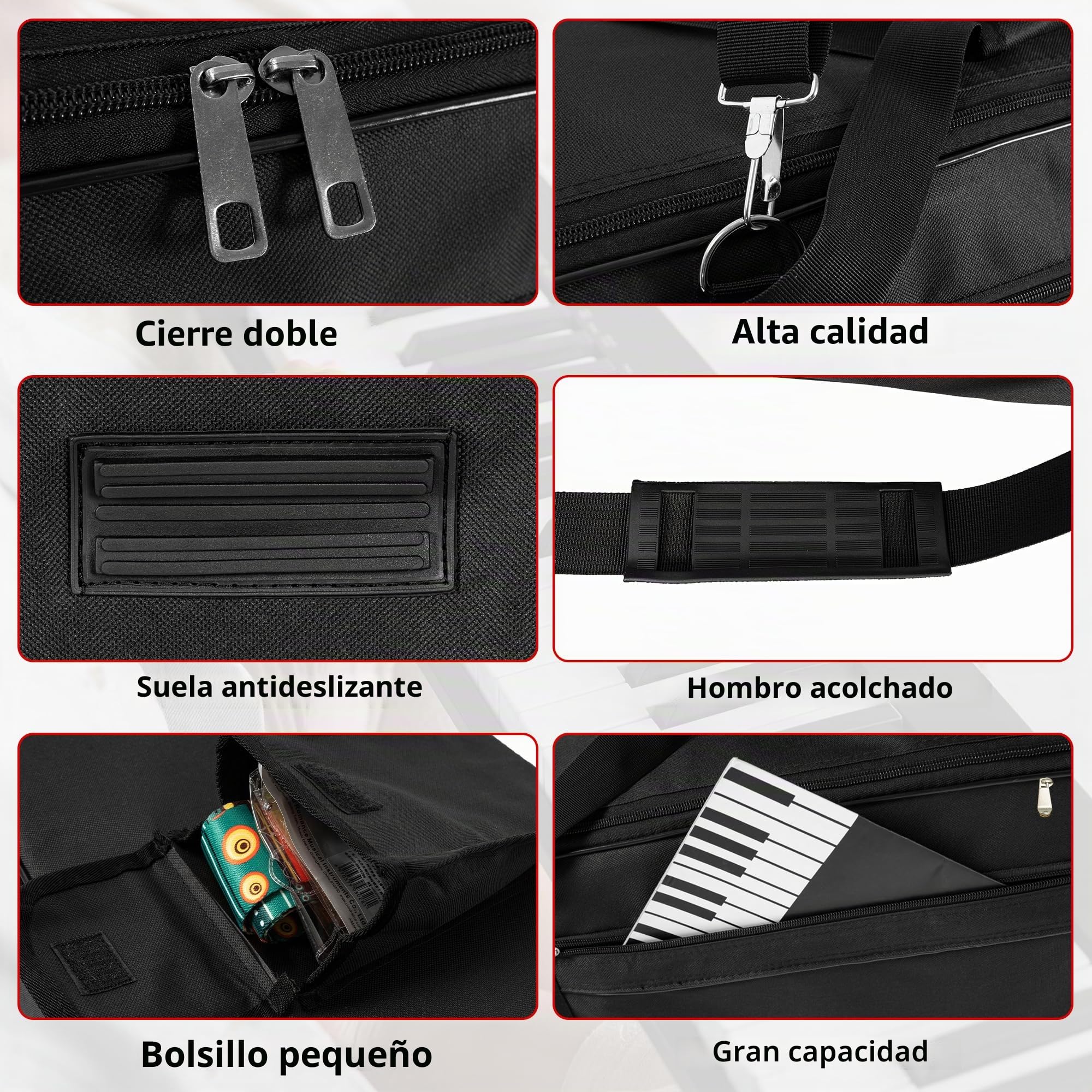 AKOZLIN Funda para teclado para 61/76/88 teclas, portátil, para teclado de piano eléctrico, bolsa para conciertos 600D de tela Oxford con acolchado de 10 mm de espesor, negra, Negro, 88 Keys, Classic