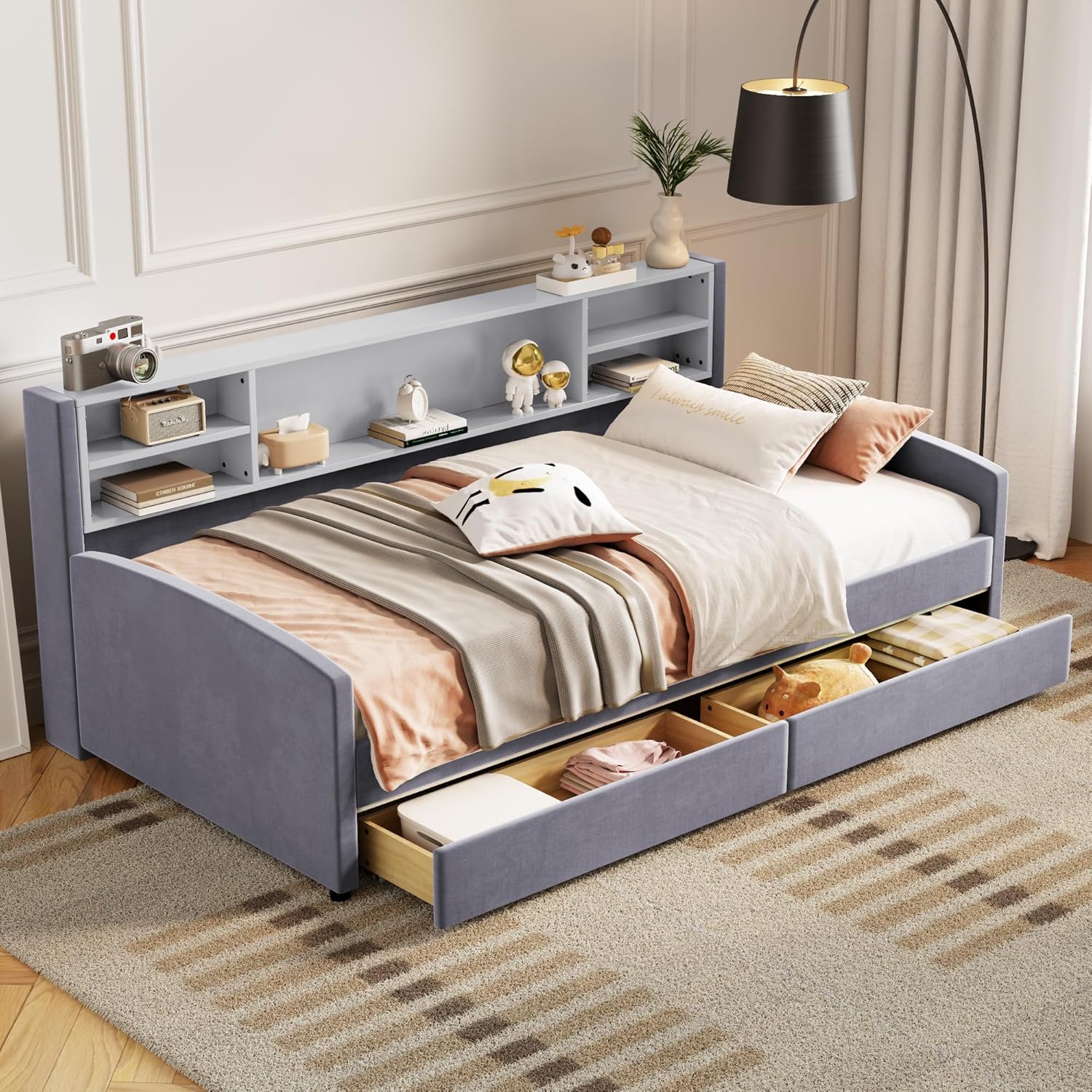 Polibi Twin Size Velvet Upholstered Platform Bed with 2 Drawers,L-Shaped Daybed with Storage Shelf,Beige