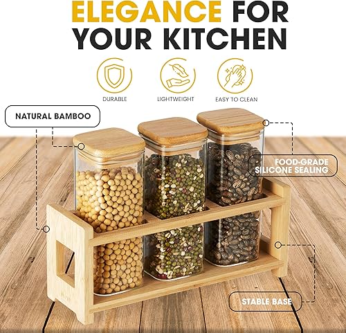 Miniatura 5 de Mini recipientes de almacenamiento de vidrio con tapas y estante de exhibición, pequeños tarros herméticos para especias y recipiente de café