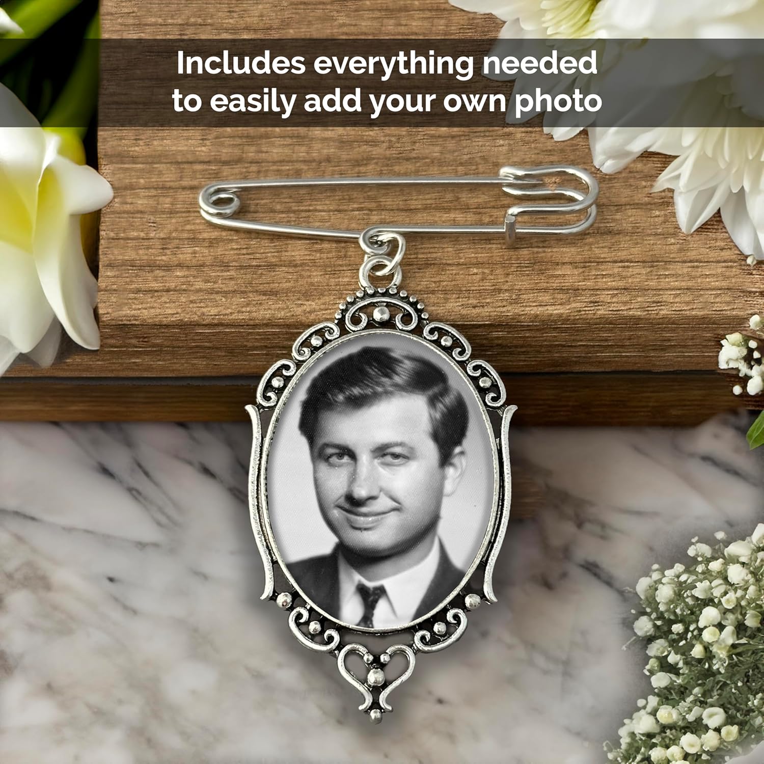 Wedding Boutonniere Bouquet Charm Pin Large Size Oval Photo Charm Mother of the Bride Gift for Groom with Photo Resizing Software - Image 3