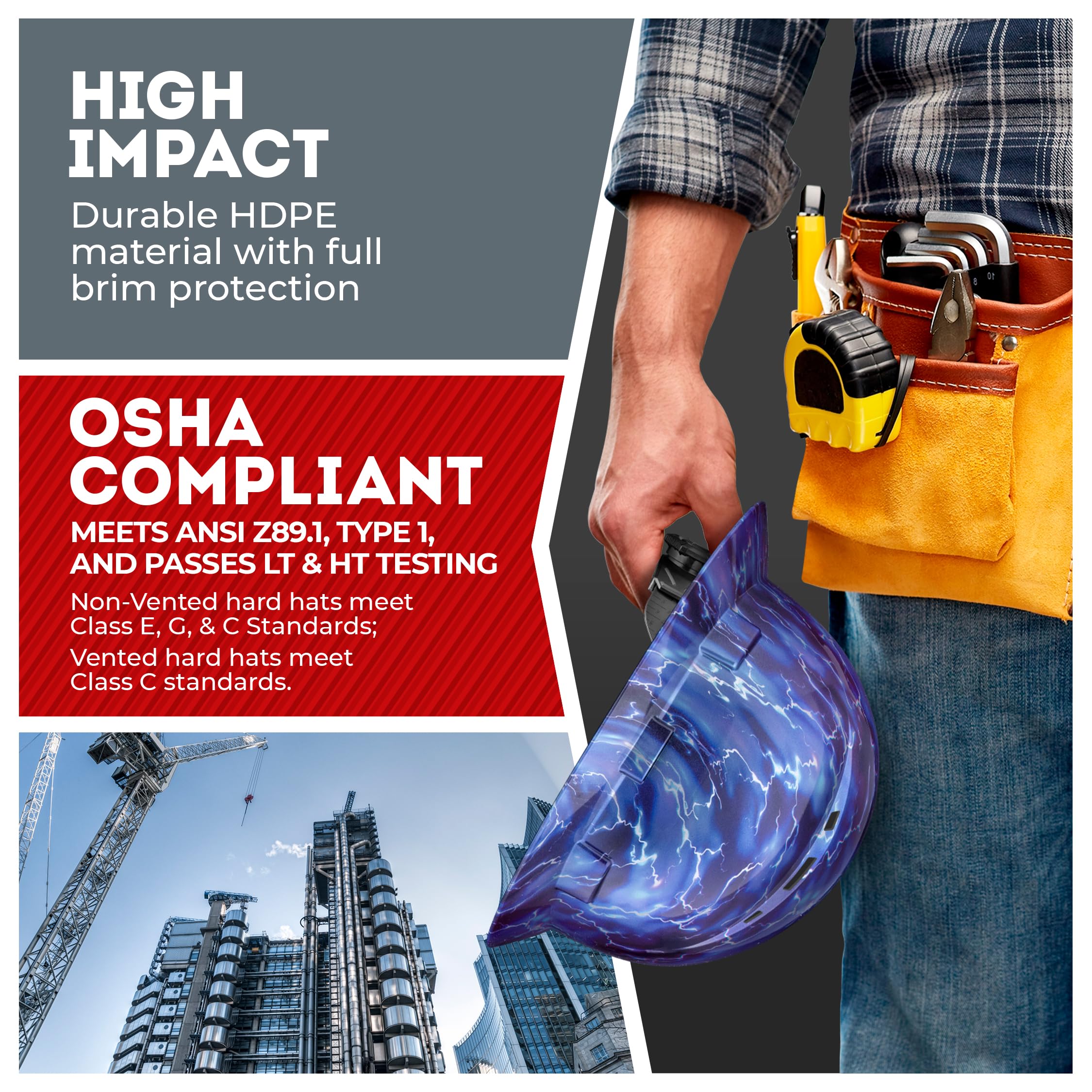 Casque de protection OSHA à large bord ventilé finition brillante bleu avec suspension à 6 points