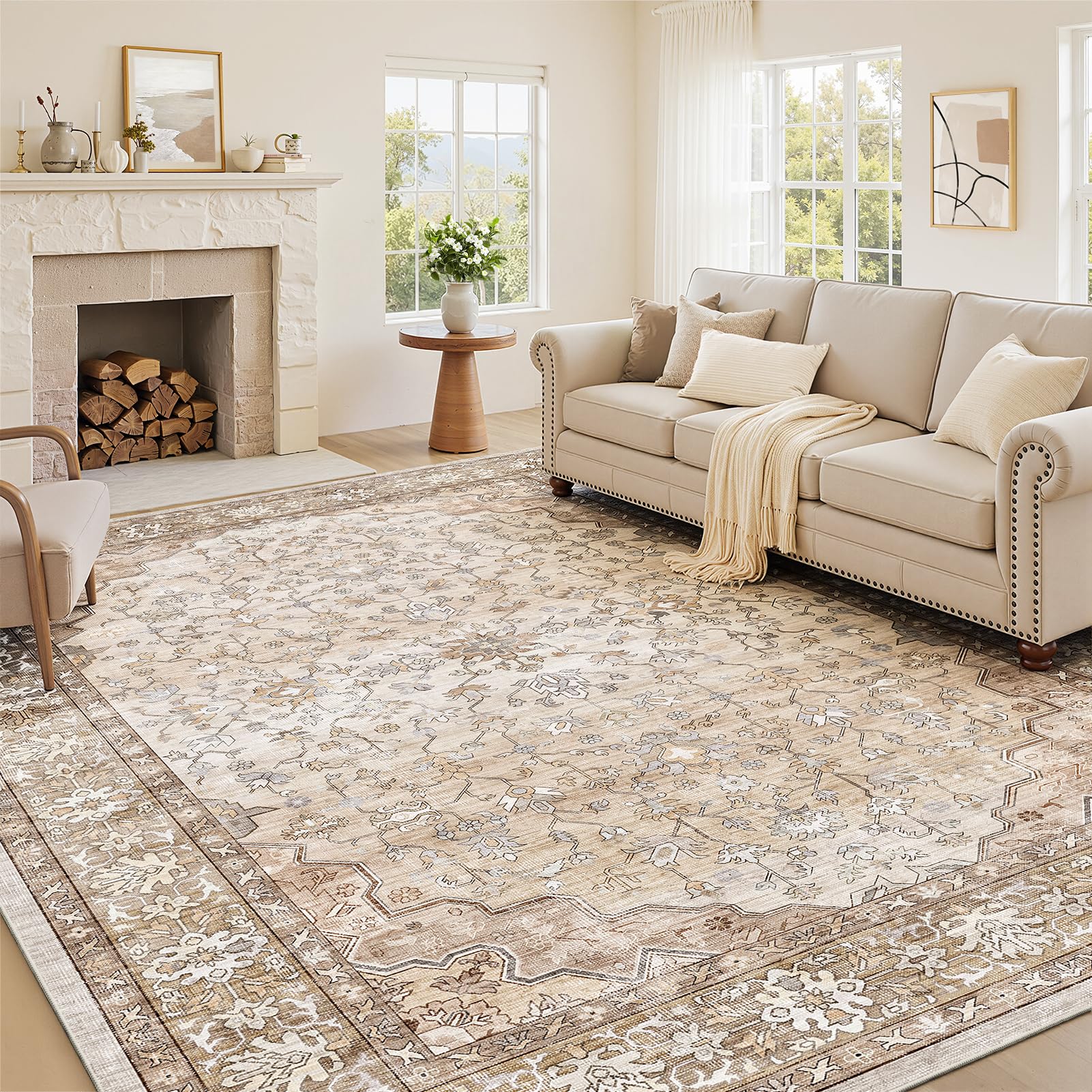 Topfinel Tapis Beige Vintage 200 x 300 cm Velours Court Lavable en Machine, Bohème Antidérapant et Doux, pour Salon, Chambre, Salle à Manger, Bureau