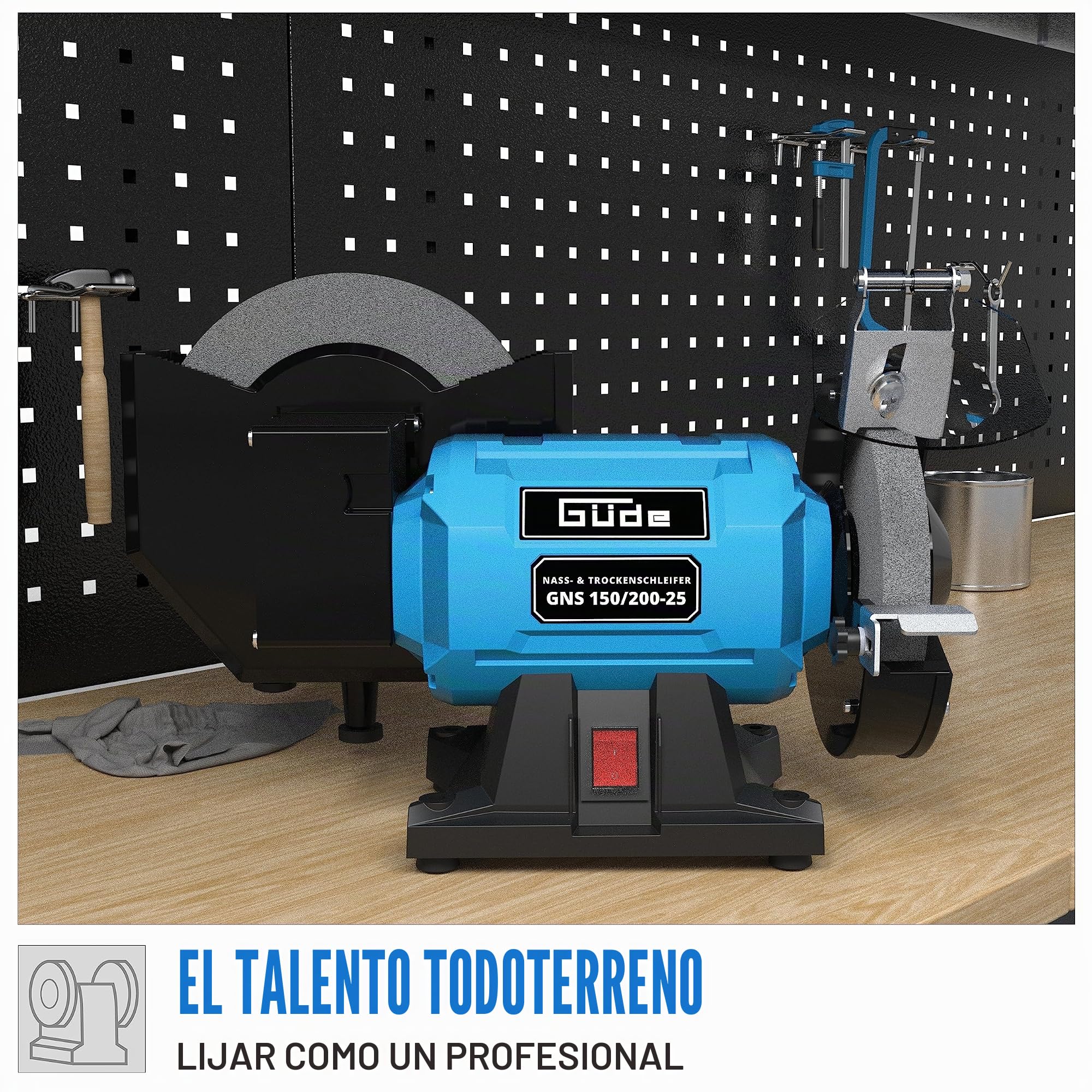 Güde 55238 GNS 150/200-55238 - Lijadora en seco y húmedo con motor de condensador y carcasa de metal estable, incluye disco abrasivo de 200 y 150 mm de diámetro, 250 W, 2950 min-1, color azul
