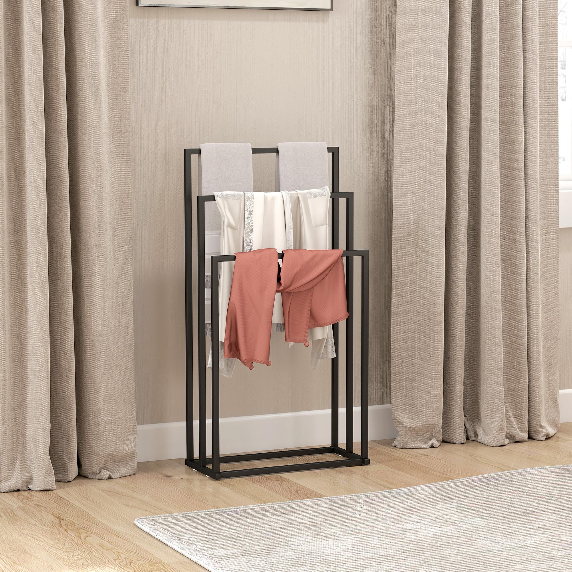 HOMCOM Portasciugamani da Terra 3 Bracci Autoportante 45x21.5x85 cm Nero | Porta Asciugamani per Bagno in Acciaio, Porta Salviette