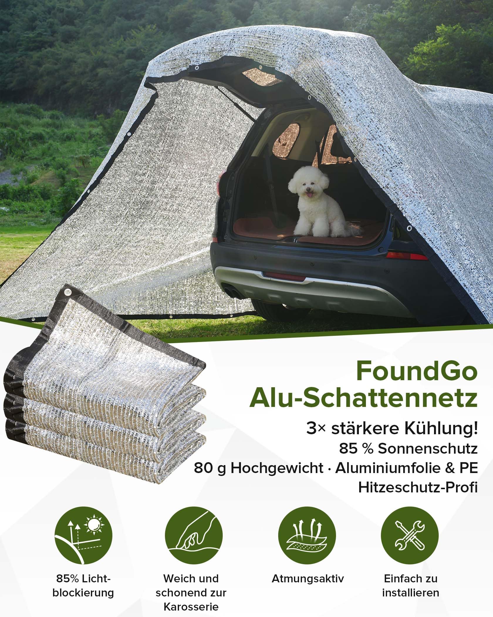 FoundGo Alu Schattennetz Auto Hund 3x4m, 85% UV-Schutz, Aluminium-HDPE Hitzeschutz mit Ösen, Luftdurchlässig & Reflektierend für Camping Sonnenschutz, Wohnmobil & Garten mit Zubehör