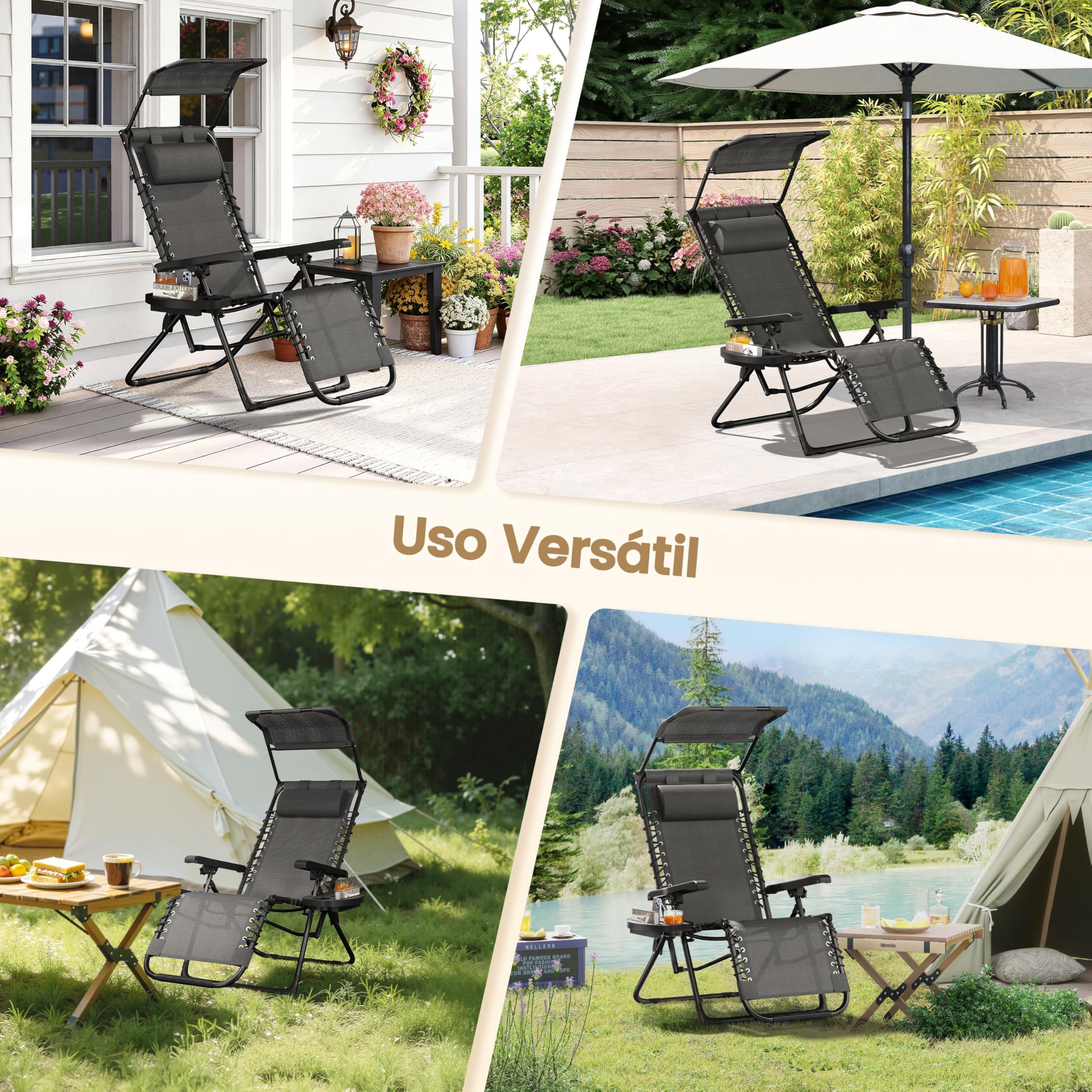 Yaheetech Liegestuhl Klappbar mit Sonnendach, Sonnenliege Verstellbar 90-160° mit Getränkehalter & Nackenkissen, für Garten,Camping & Balkon, Dunkelgrau
