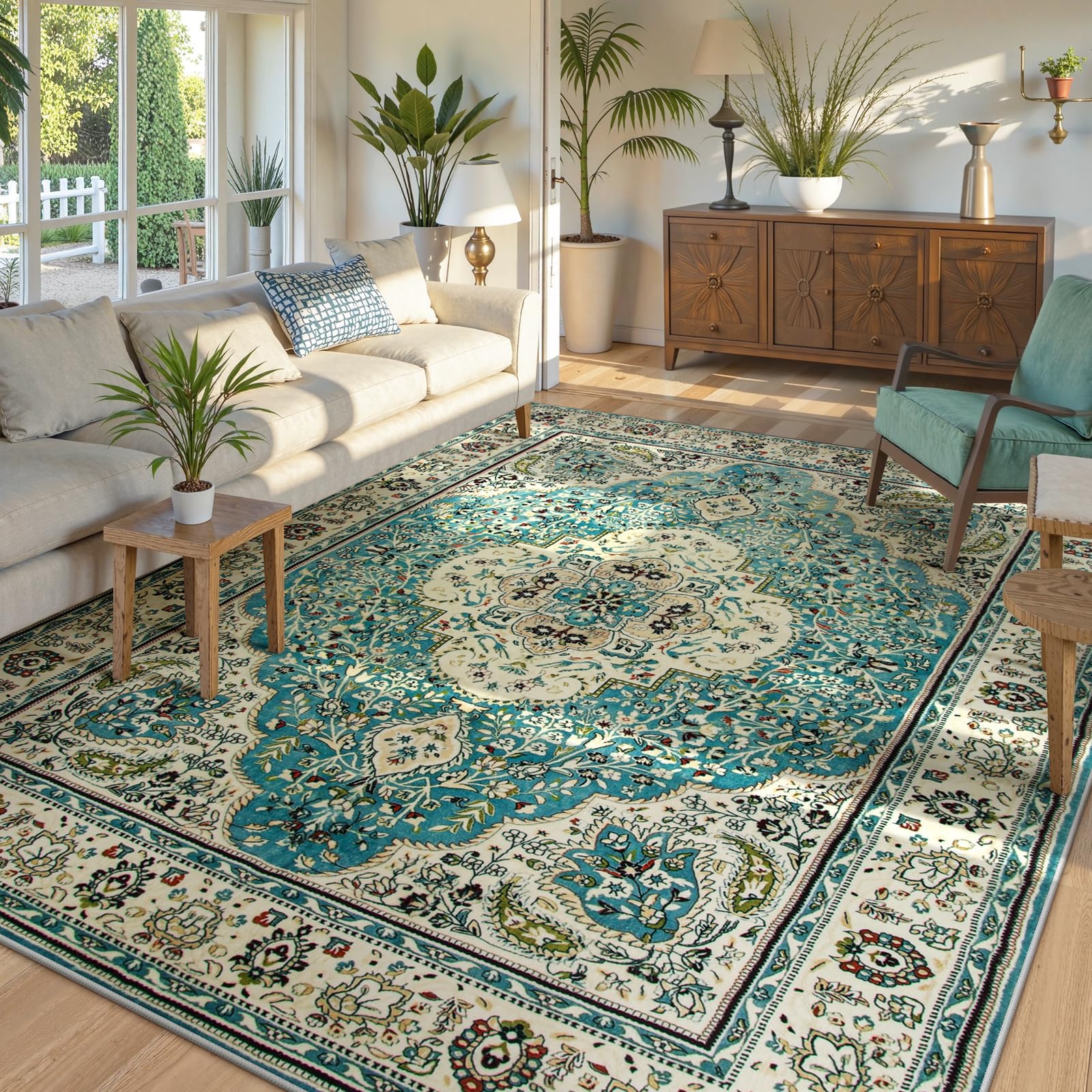 Lahome Floral Medallion Area Rug - 8x10 Area Rugs for Living Room Large Bedroom Rug, Turkish Printed Non Slip Non Shed Office Carpet for Dining Room Nursery Bathroom, Sky/Baby Blue