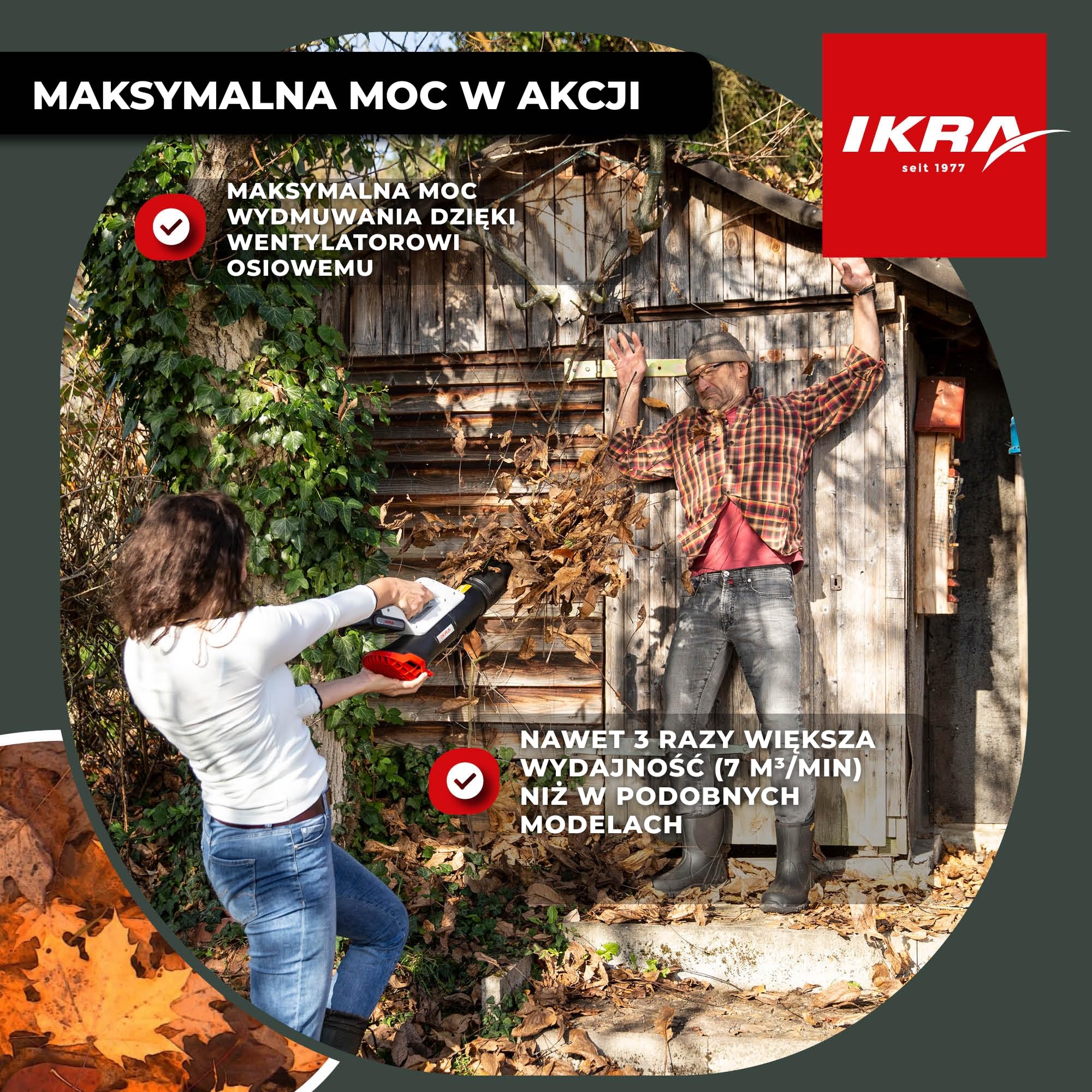 IKRA Osiowa dmuchawa do liści ICB 20, akumulator 20V 2,0Ah, ładowarka | Wentylator osiowy usuwa nawet mokre liście, płynna regulacja prędkości, kompaktowy i lekki, 150 km/h, system IKRA 20V