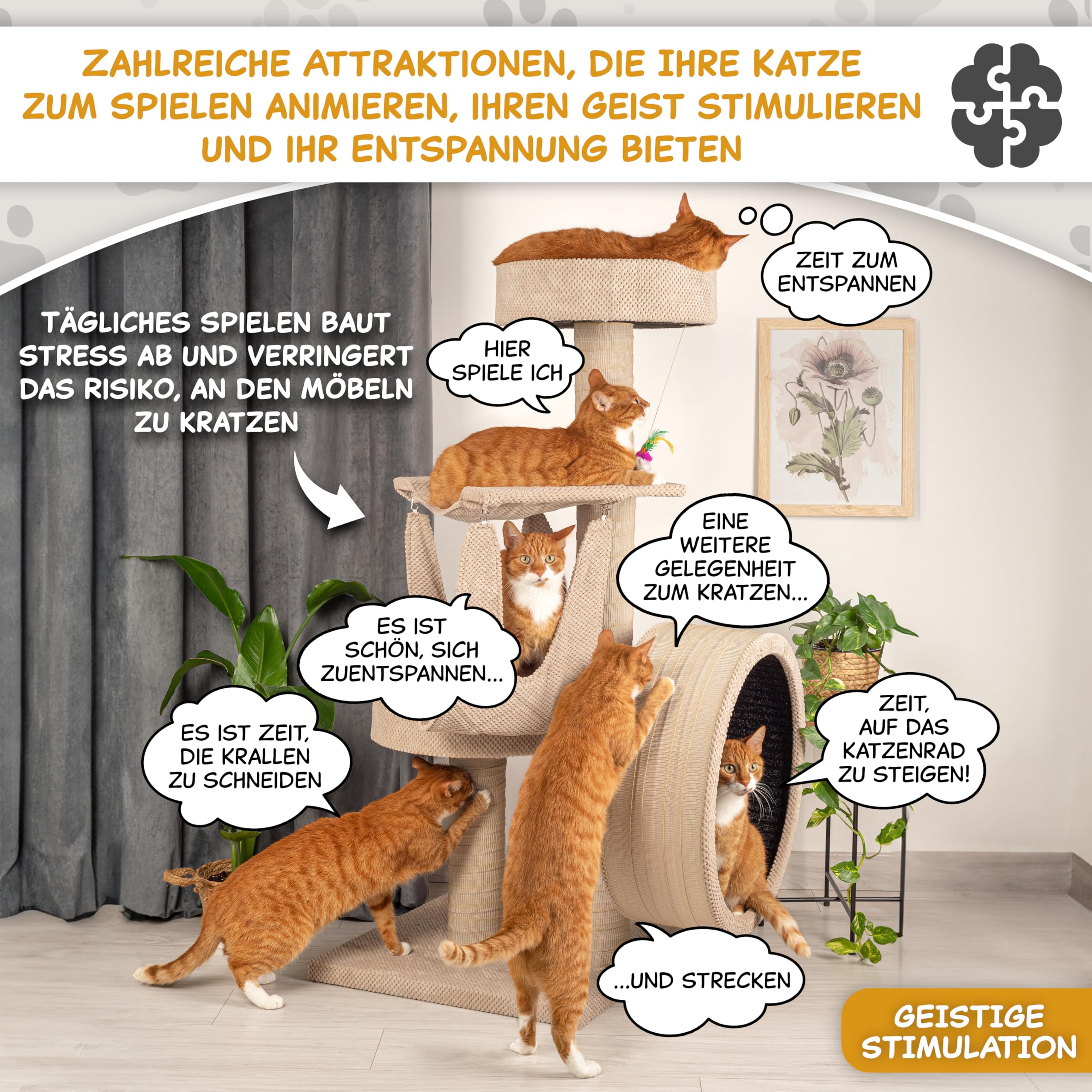 Outentin Kratzbaum für Katzen, mit kleinem Katzenlaufrad aus Holz, Massiver & Stabiler Katzenbaum, Robuster mittelgroßer Kletterbaum & Aktivitätskratzbäume, 135 cm hoch, Dicke Stämme (Beige)
