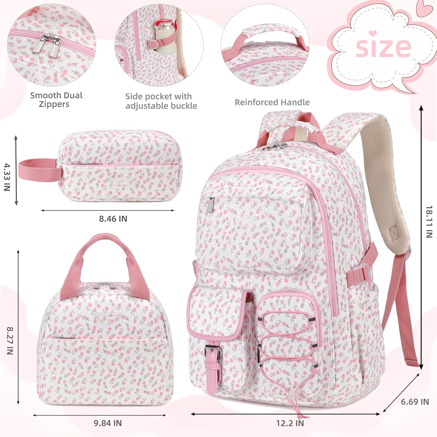 Corduroy Floral Backpack for Girls 3PCS Kids Backpack with Lunch Box image 5