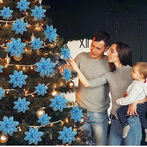 Vista 32 de 24 piezas de adorno de árbol de Navidad de Nochebuena con brillantina. Adorno de decoración de flores de Navidad. 3, 4 y 6 pulgadas / 7.62, 10.16